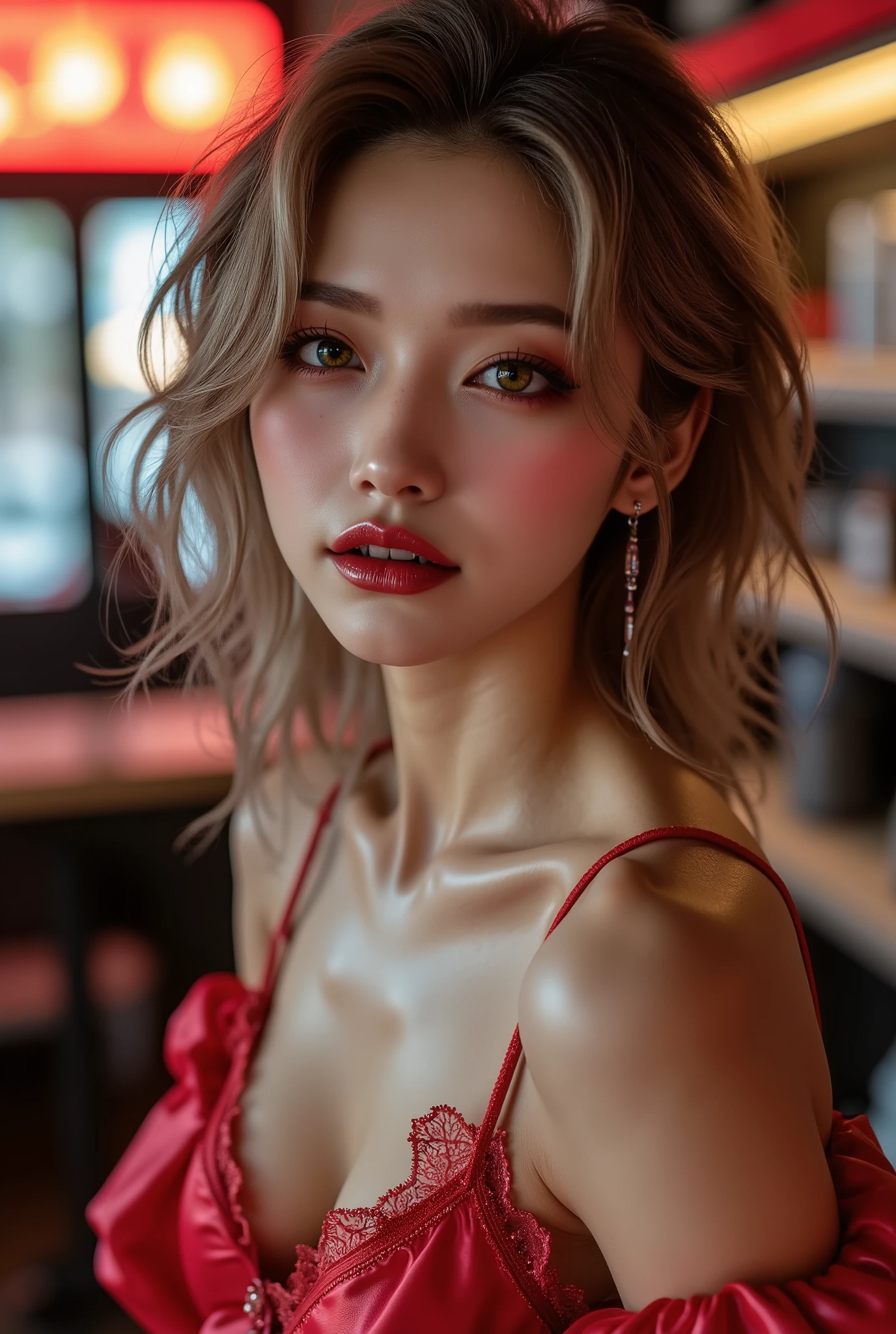  [Style: - "8k, masterpiece, realistic, Photorealistic realism, Hyper high resolution" - "highest quality, intricate ultra-detailed digital art"] (Key Directive: - "The priority is the anatomical accuracy and texture of the materials" - "Ultra-sharp human eyes with biological accuracy") {Character: "a beautiful girl, [((firm and full breasts:1.35))]" | Face: "[[full lips, pink lipstick, intense gaze]]" | Eyes: - "((sharp focus, no blurry eyes, Hyper absurd quality, Hyper details, Hyper realistic green eyes:1.3))" - "(extra narrow eyebrows)" - "(Carefully draw Long blue_mascara:1.3)" - "(perfect round eyes)" | Hair: "Natural ((Wave)) Short Hair , ((pixie cut)), Voluminous updo" | Pose: "elegant pose" Outfit: [Top: "modest office suit {white,erotic,[leather:1.25]}, (shiny accessories)" | ["lace ((red undershirt:1.23))"] Environment: "((Sex Shop))" Lighting: "studio lighting, monochromatic, striking contrast, dramatic shadows" (Rendering engine: "Unreal Engine 5 path tracing, 16K texture maps") | The ultra-Highres,Unreal 5,Subsurface scattering,PBR Texturing,Post-Processing,Anisotropic Filtering,depth of fields,Maximum Sharpness and Sharpness,multi-layered texture,Albedo and Specular maps,Surface Shading,Precise simulation of light-material interactions,perfectly proportions,Octane rendering,Two-tone illumination,Wide Aperture, low ISO, white balance, The rule of thirds