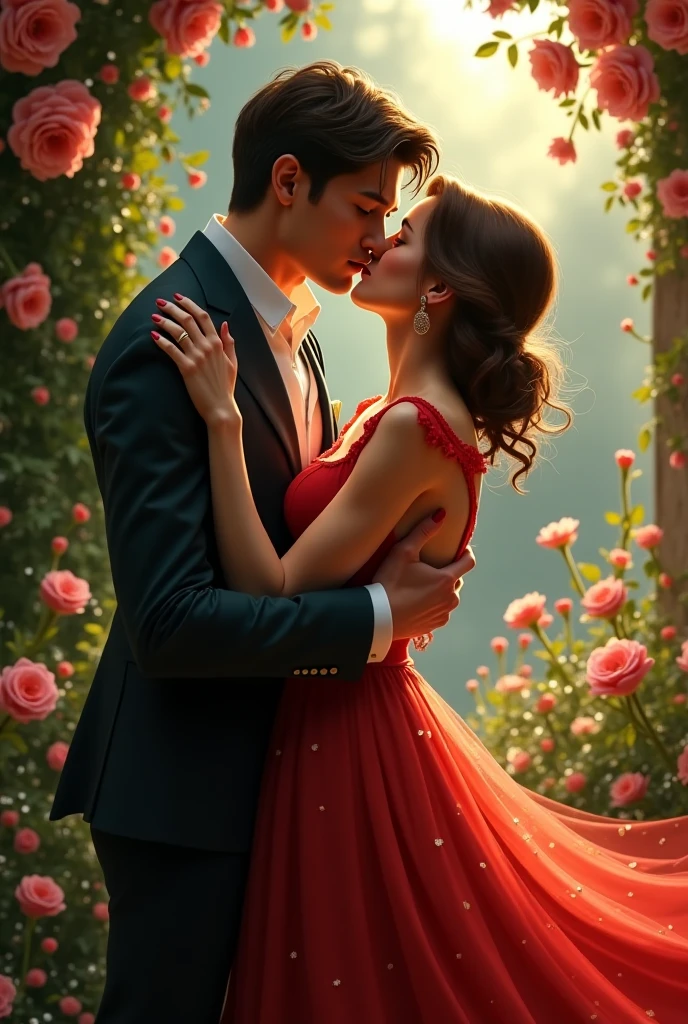 A photograph capturing the essence of love, bathed in soft, warm lighting. Two lovers, lost in a tender embrace, their hands intertwined, speaking a language only they understand. Roses, their deep red petals bursting with passion, create a captivating foreground. In the background, a picturesque, starry night sky lends an ethereal charm to this scene of pure romance. Love letters strewn around, bearing heartfelt messages, serve as silent witnesses to this timeless connection.