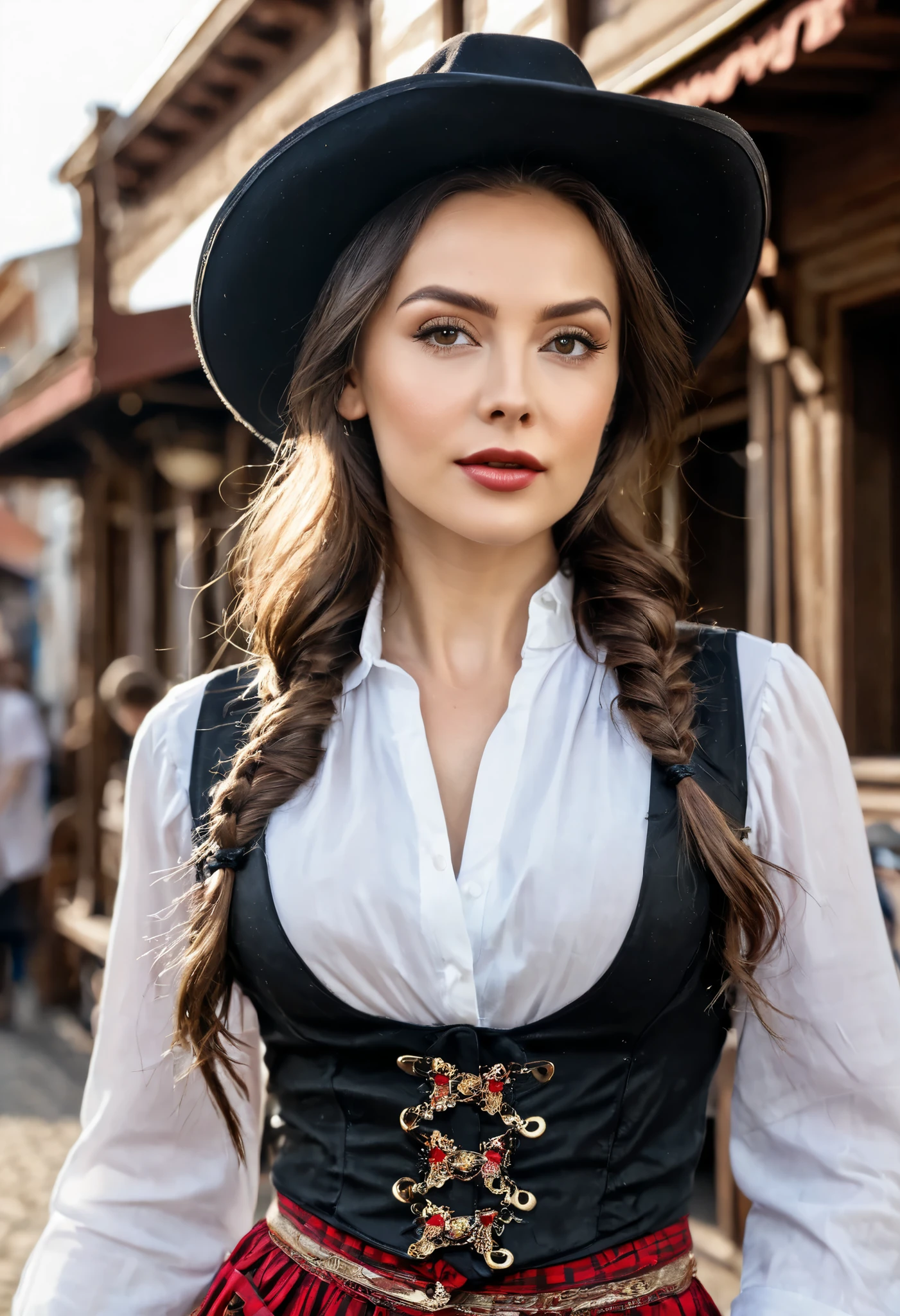 реалистичный cinematic highly detailed 1girl saloon girl in a vulgar old-fashioned western town, дешевое откровенное платье с глубоким вырезом, игривый смех, в чате с вульгарными клиентами, драматическое освещение, пыльная, песчаная атмосфера, кинематографическая композиция, (лучшее качество,8к,высокое разрешение,шедевр:1.2),сверхдетализированный,(реалистичный,photoреалистичный,photo-реалистичный:1.37),драматическое светотеневое освещение,богатая земляная цветовая палитра,стиль живописи,высокодетализированные зернистые текстуры, улыбка, пистолет в кобуре на поясе, Смит & Вессон