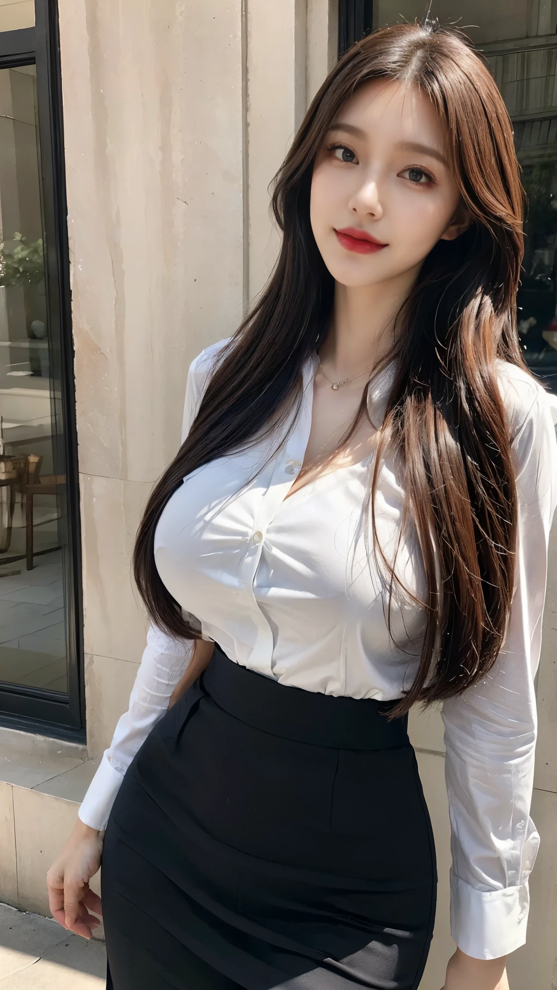 Tabletop, Highest quality, figure, Super detailed, In detail, High resolution, 8k wallpaper, Perfect dynamic composition, Beautiful attention to detail, Wavy long hair,Big breasts Natural color Lips, Sexy pose,smile,Harajuku、25-year-old woman、Beautiful woman、Looking at the camera、Super Real、(((Reality:1.5))),(((blouse、skirt:1.5)))、Standing posture、Angle from directly above、Brown Hair、blue eyes、(((One Woman:1.5)))