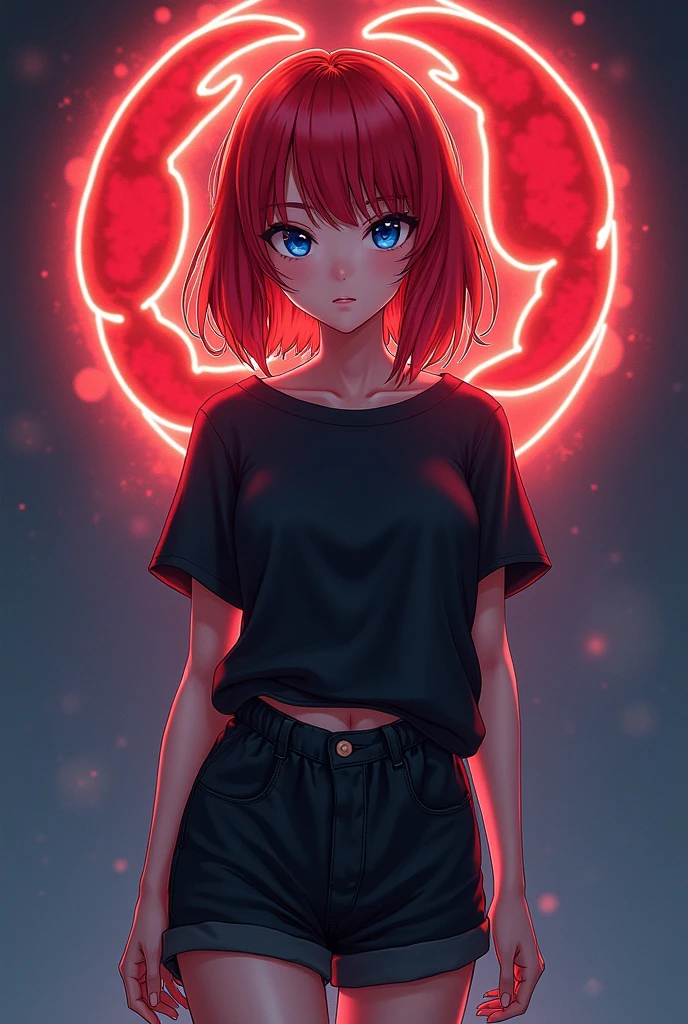 Anime girl with red hair up to the shoulder, with dark blue eyes in a black t-shirt with black fabric shorts that fit everything, stands cancer in front of us