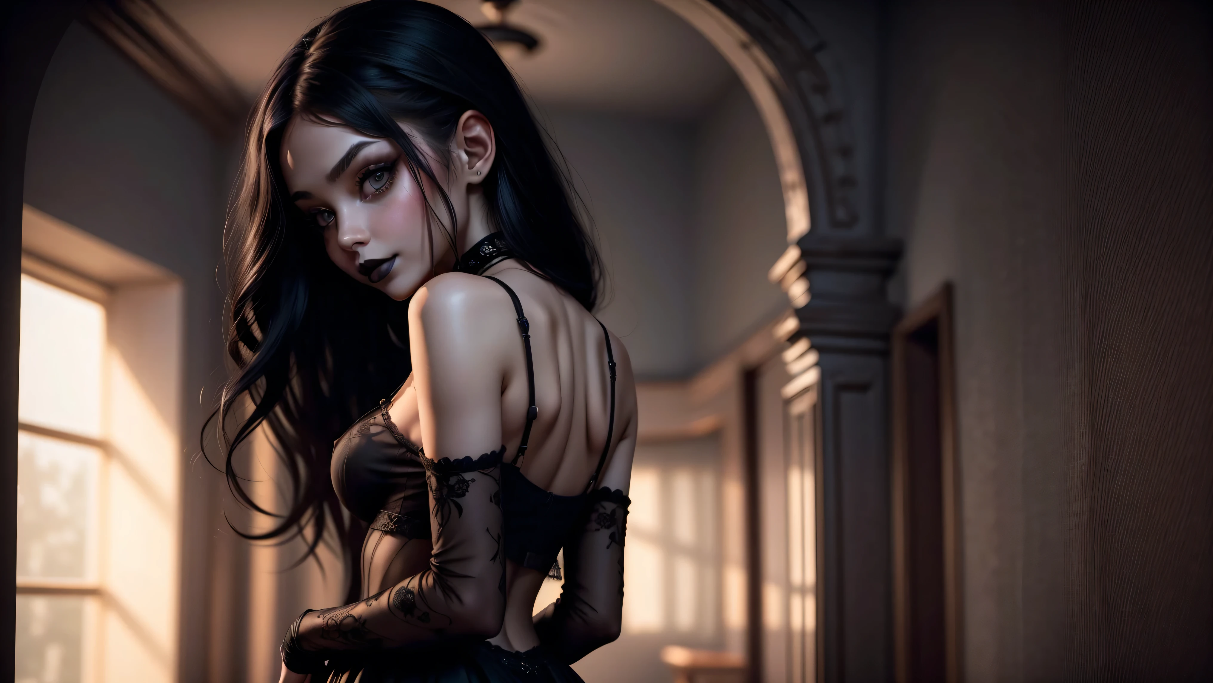 ((1 girl, solo)), ((one goth girl standing with her back toward you)), nude except for an see-through baby-doll lingerie posing for a picture, ((dark makeup, black lips)), sydney sweeney, dark tan, smiling, skinny, petite, 18 years old, long black hair and large eyes, ribbons in her hair, female model, 1, portrait sophie mudd, young, (sideboob), (hard nipples), alexa grace, hannah yata charlie immer, long black hair and big eyes, dasha taran, full body shot, perfect ass,