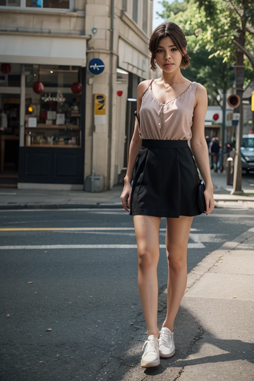 (((Shoulder bag)))、((Viewing angle from below、Highest quality、masterpiece、32k、Every detail))、Descend the outdoor stairs、commute、Systemic symptoms、Very tight camisole、Pleated skirt、(((A strong wind blows my hair and skirt away:1.62)))、((The shoulder strap of the bag is worn diagonally across the body.:1.4))、One Girl, alone、(((mini skirt, No underwear:1.22)))、Big Breasts、barefoot, High heels