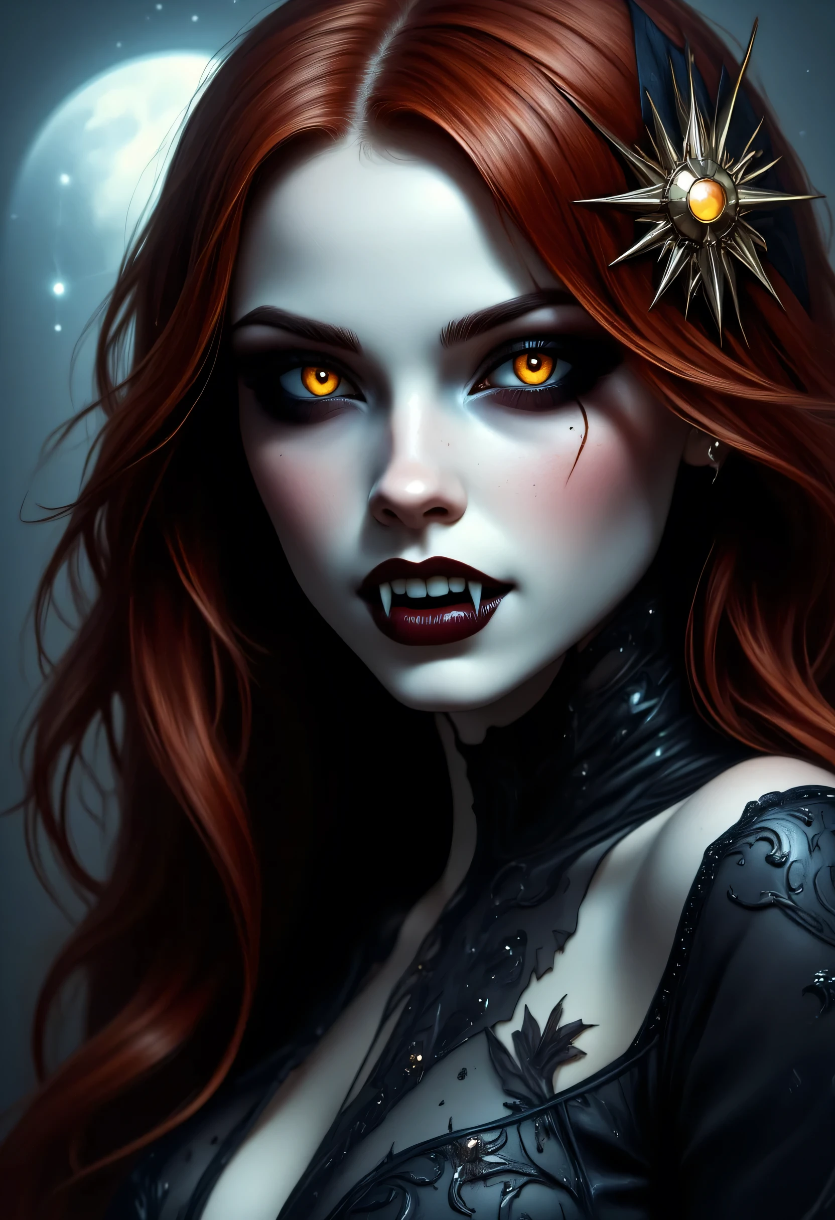 a picture of an epic beautiful female vampire, ghostly beauty, wearing transluminescent dress, black silk dress, intricate dress, transluminescent dress, transparent dress, red sleeves, epic beautiful female vampire, pale skin perfect body, ghostly beauty, serene beauty, red hair, lush hair, long hair, blue glowing eyes, vampire fangs, stars entwined in the woman's hair, light caress the woman, moon light caress the dress, fantasy art, night time, the moon rises, creating award winning, photorealism, depth of field, hyper realistic, zavy-ctcmcs, Celestial Fantasy, dnddarkestfantasy, Art Deco, Dracula