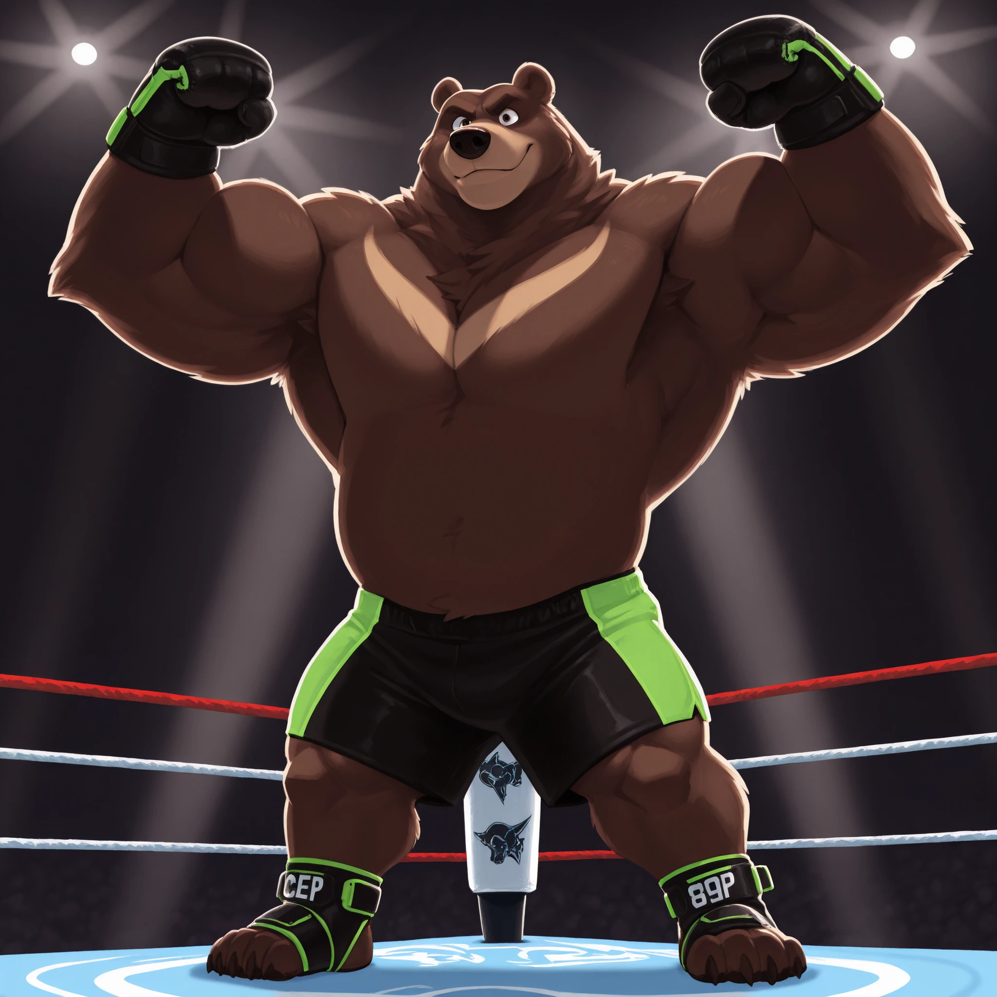 score_9, score_8_up, score_7_up, cartoon_style, ((by BodiPhantom)), 4k, 8k, The best quality, very well drawn, detailed,  high quality, detailed, 4k, high resolution, high quality, high resolution, furry character, ursine, BodiPhantom, Himalayan bear, bear, boy, (sexy), thick arms, huge arms, 5ft, 390lbs, (dark brown fur)), lights, fighting ring, stances, seething, standing on the caged ring, wearing black MMA shorts with green slits, MMA gloves with knuckle pads, ankle support brace, 
