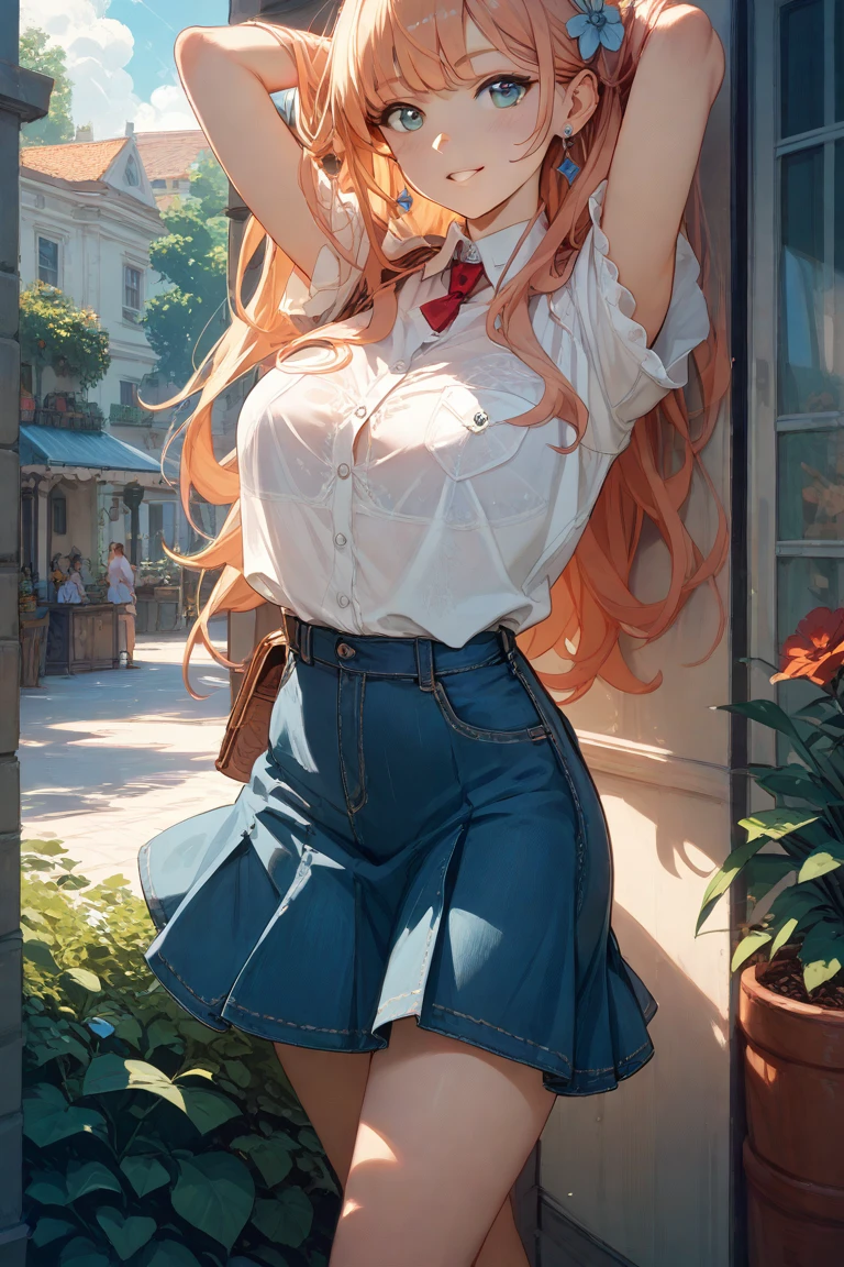 8k,masterpiece, bset quality,big, (1 girl), Kim Possible, green_eyes, orange hair, long hair, professional lighting, (shiny skin: 1.2), shiny big, ((best quality)), sharp focus: 1.2, highly detailed face and skin texture, detailed eyes, perfect face, perfect body, blur art, cg, background, Big breasts, presence (20yo, mature cool and beautiful face), wearing ((blue skirt), white taut shirt, thigh), blush, (mittgal), random pose, top view, perfect eye, angry face