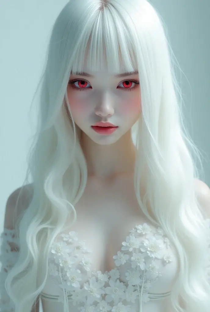 18-year-old female，Milky white long hair，Red Eyes，Long eyelashes，Unbelievably huge breasts，((3D anime style))，Fleeting，Eyes downcast，A revealing white dress，Look at the bottom left，