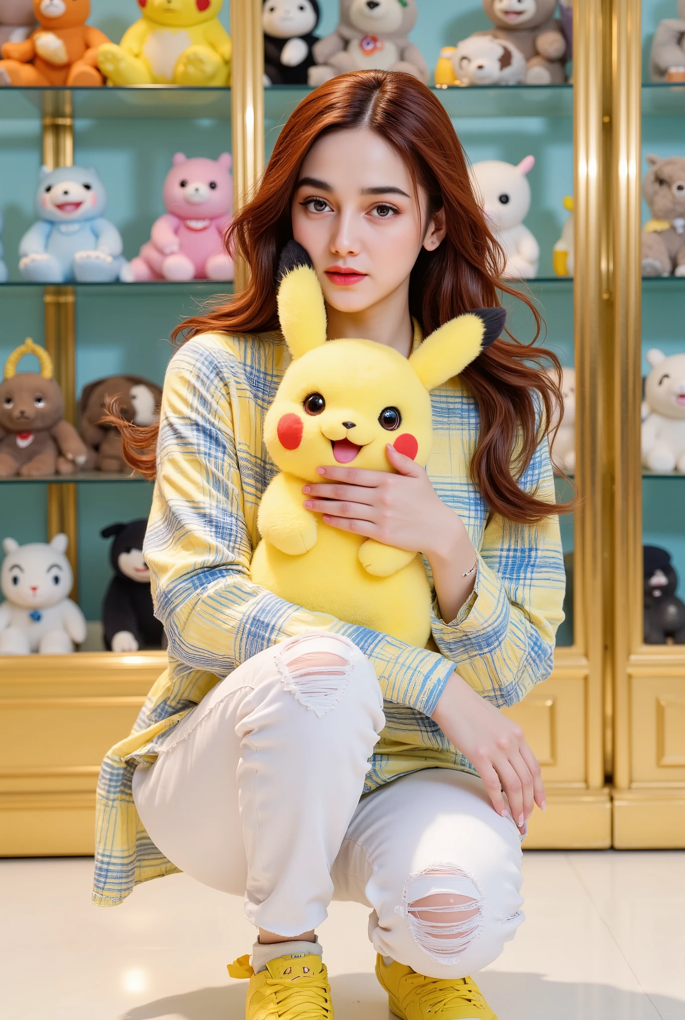 displays a real photo, very detailed, very detailed studio photo, a beautiful, sweet Korean woman, wearing a trendy casual checkered shirt, yellow and blue, long ripped white jeans, yellow sneakers, long red hair, standing posing like a smiling model , hugging a pokemon doll, with a glass room of pokemon dolls in the background, lots of pokemon dolls, there is the text Widya Creator, led lights up ultra hd k8 bright lighting