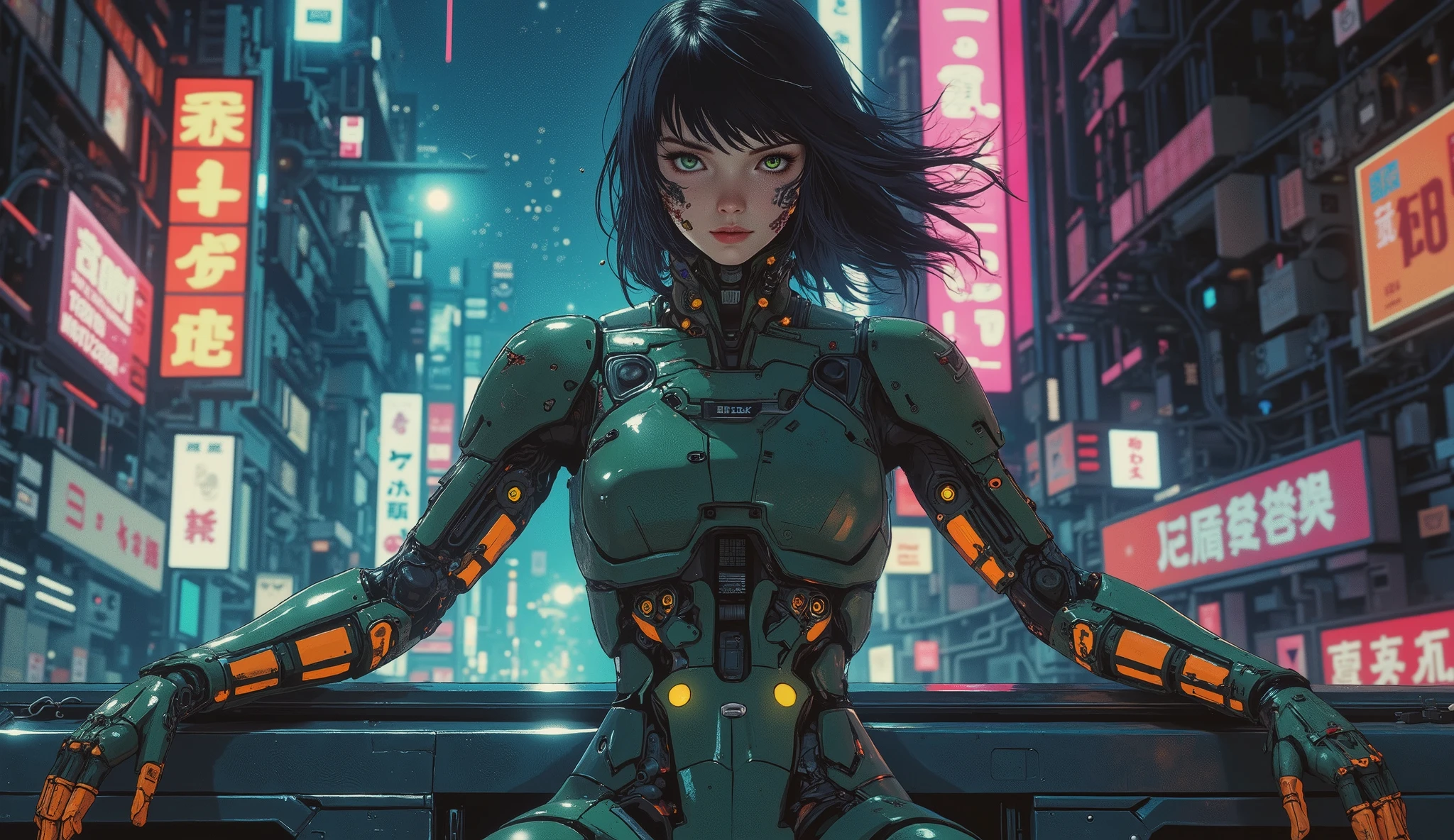 general plan, you can see the whole body, plano medio, Motoko Kusanagui , precious, female body in the movie Ghost in the Shell, you can see the whole body, orange and yellow cybernetic parts, You can see the face, The beautiful face, sensual, green eyes, Look at the camera, behind gears and electrical cables of all types and colors