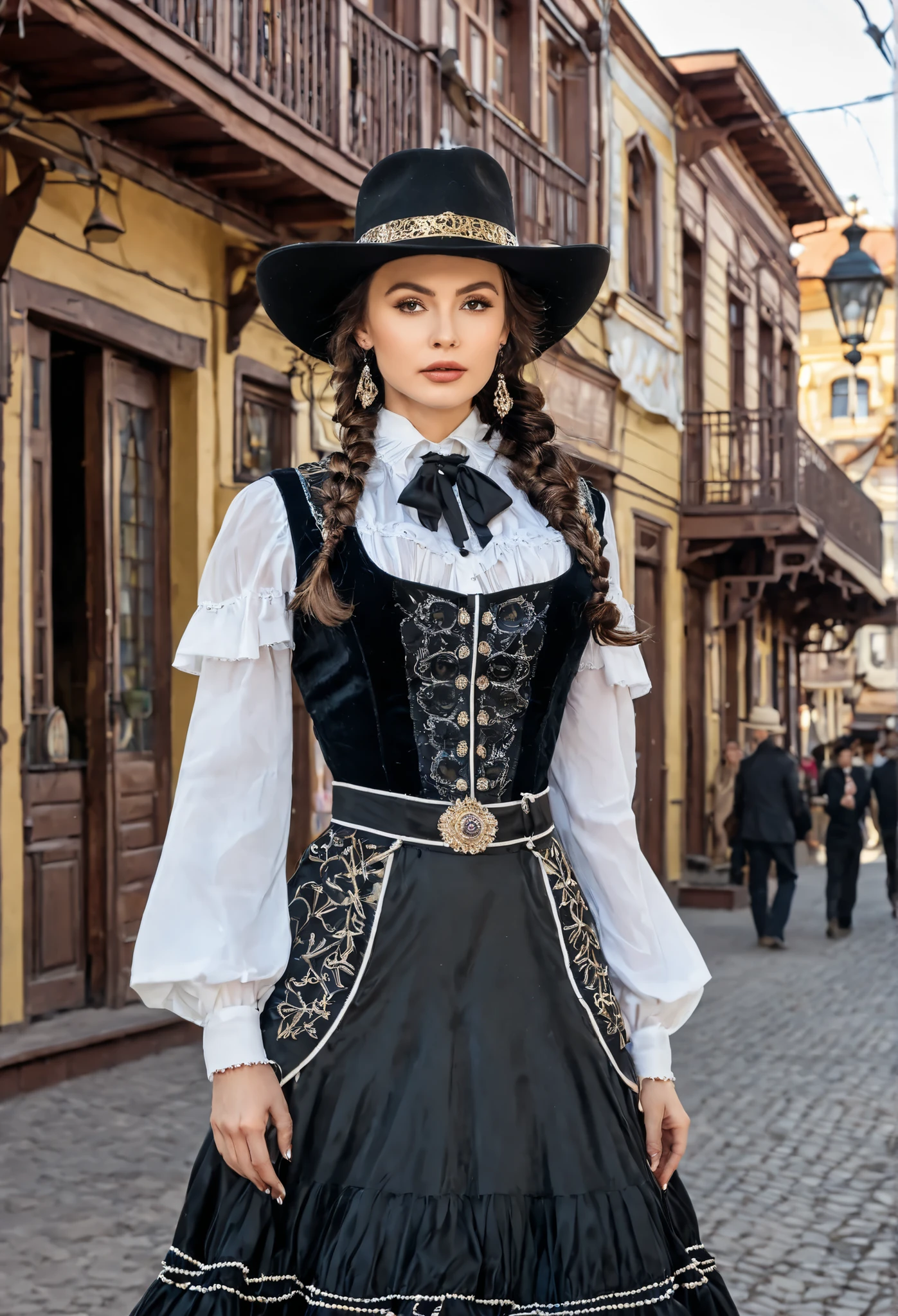 реалистичный cinematic highly detailed 1girl saloon girl in a vulgar old-fashioned western town, дешевое откровенное платье с глубоким вырезом, игривый смех, в чате с вульгарными клиентами, голая грудь, драматическое освещение, пыльная, песчаная атмосфера, кинематографическая композиция, (лучшее качество,8к,высокое разрешение,шедевр:1.2),сверхдетализированный,(реалистичный,photoреалистичный,photo-реалистичный:1.37),драматическое светотеневое освещение,богатая земляная цветовая палитра,стиль живописи,высокодетализированные зернистые текстуры, улыбка, пистолет в кобуре на поясе, Смит & Вессон