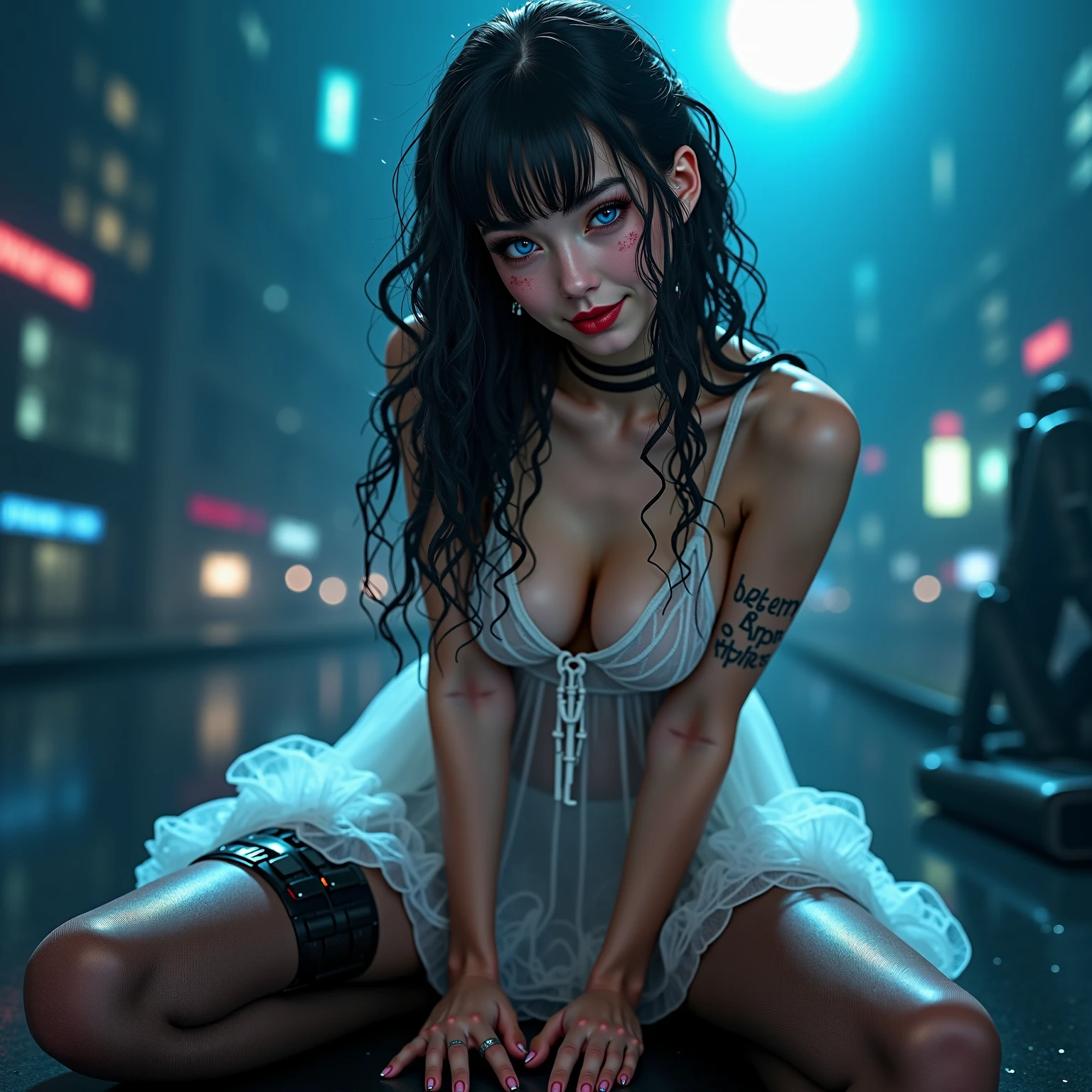 3d, hyper-realistic, sculpture of a Preteen fairy goth Mila Kunis sitting on the floor in an alley, pale skin, long blonde hair, looking messy, dripping makup with a bottle of wine in hand, wearing purple punk boots, (wedding dress garter:1.2), athletic and fit body, thin, flirty, looking happy challenging, looking at the camera, night, city lights (rain, puddles:1.5), realistic, HDR, UHD, dynamic, portrait shot,