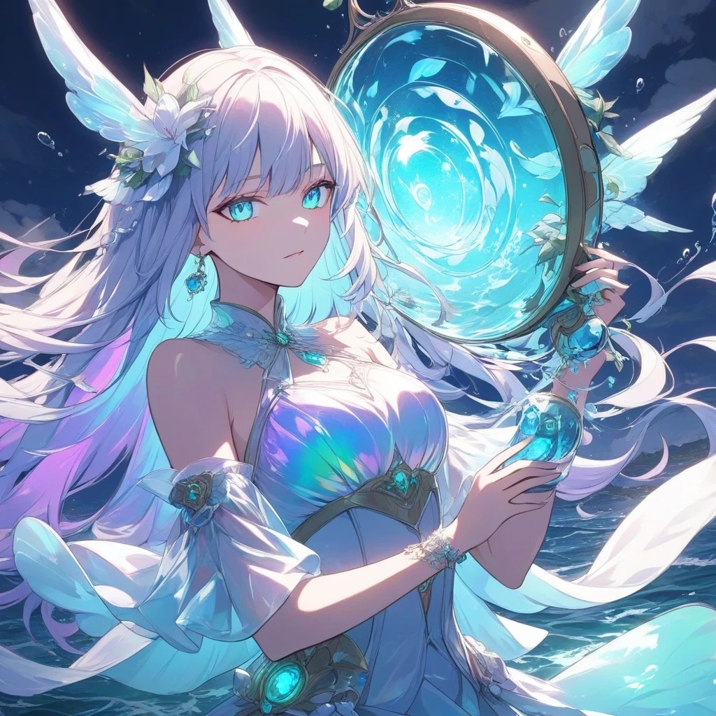 The crown woven with golden silk thread is worn in the ice blue hair, pointy ears, young girl, good face, blue crystal pendant necklace, full white chest, water blue long skirt, exquisite and gorgeous, The skirt has small pendants in the shape of water droplets made of various gemstones, illustration, masterpiece, fantasy, blue flowers, lakeside, movie lens, strong light and shadow
