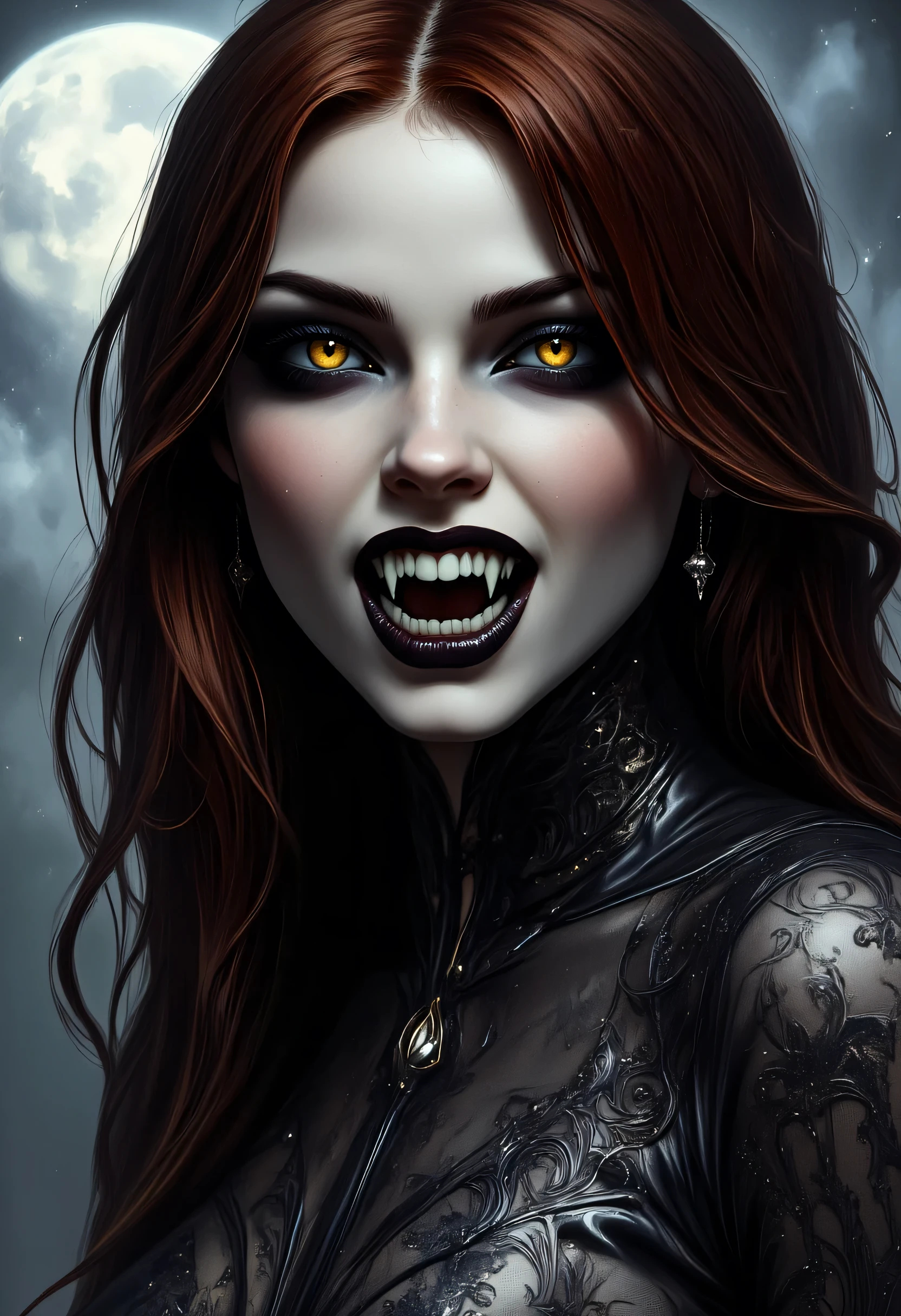 a picture of an epic beautiful female vampire, ghostly beauty, wearing transluminescent dress, black silk dress, intricate dress, transluminescent dress, transparent dress, red sleeves, epic beautiful female vampire, pale skin perfect body, ghostly beauty, serene beauty, red hair, lush hair, long hair, blue glowing eyes, vampire fangs, stars entwined in the woman's hair, light caress the woman, moon light caress the dress, fantasy art, night time, the moon rises, creating award winning, photorealism, depth of field, hyper realistic, zavy-ctcmcs, Celestial Fantasy, dnddarkestfantasy, Art Deco, Dracula