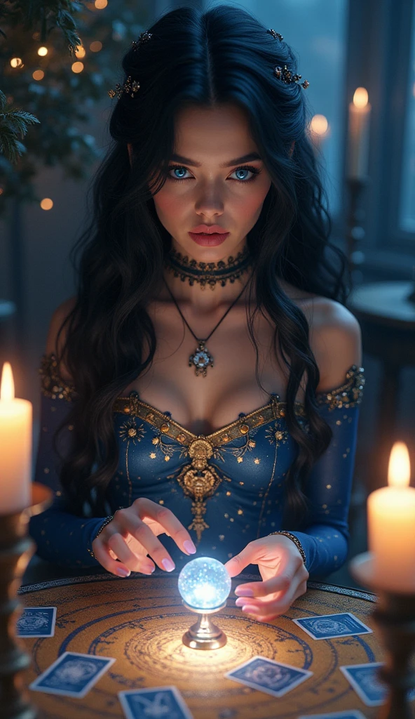 28 Jahre,a beautiful young woman, lange braune geflochtene Haare, Hogwarts Haus Ravenclaw, langer blauer Umhang, bare breasts, bare boobs, silberne Adlerkette um den Hals, Hogwarts im Hintergrund, holds blue fire in his hand, Hand brennt blau,
