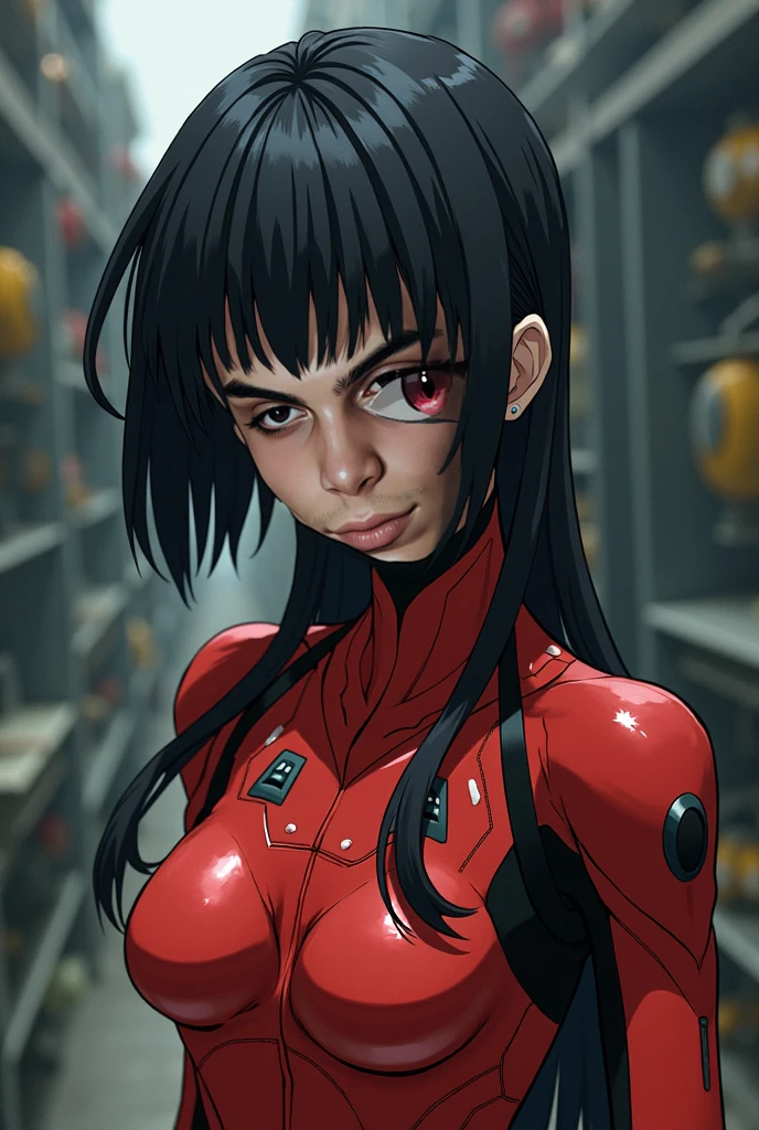 Digital illustration of a female Major Motoko Kusanagi White character with muscular build, wearing a tight latex jumpsuit. She has long black hair with two braids and latex gloves. His facial expression is serious, with blue eyes and a determined look. The character's skin is light and she has red latex paint on her legs. The illustration is highly detailed, focusing on the character's strong physique and intense expression. anime, anatomically correct, super detail, high quality, 4K