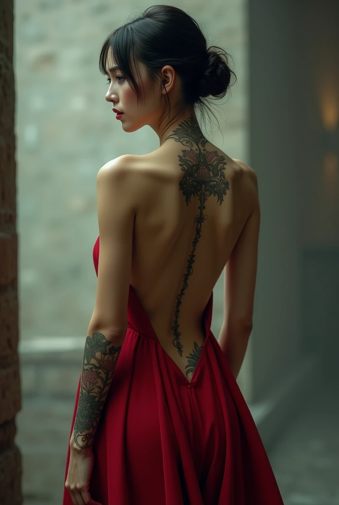 Woman's back view in a halter neck dress has a single rose tattooed on her back