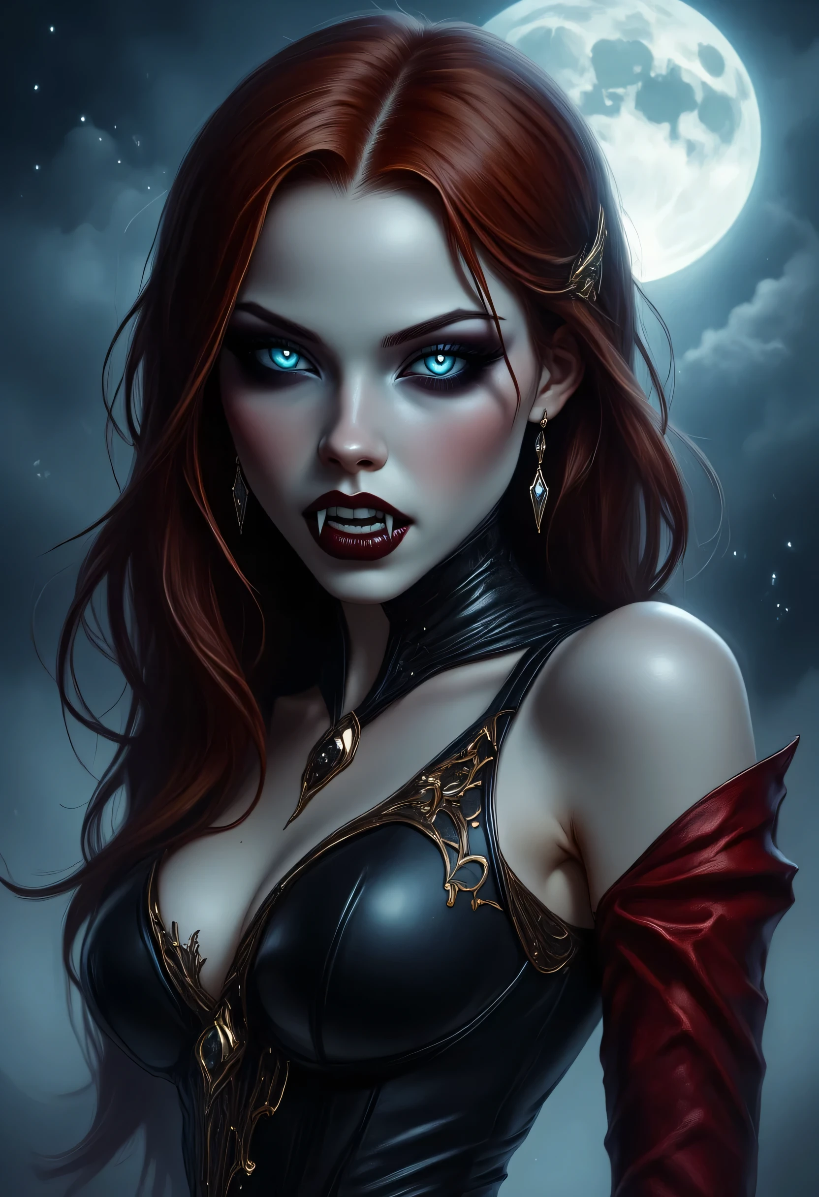 a full body shot  picture of an epic beautiful female vampire, ghostly beauty,  wearing transluminescent dress, black silk dress, intricate dress, transluminescent dress, transparent dress, red sleeves, epic beautiful female vampire, pale skin perfect body,  ghostly beauty, serene beauty, red hair,  lush hair, long hair, blue glowing eyes, vampire fangs, stars entwined in the woman's hair, light caress the woman, moon light caress the dress, fantasy art, night time, the moon rises, creating award winning, photorealism, depth of field, hyper realistic,  zavy-ctcmcs, Celestial Fantasy, dnddarkestfantasy, Art Deco, Dracula