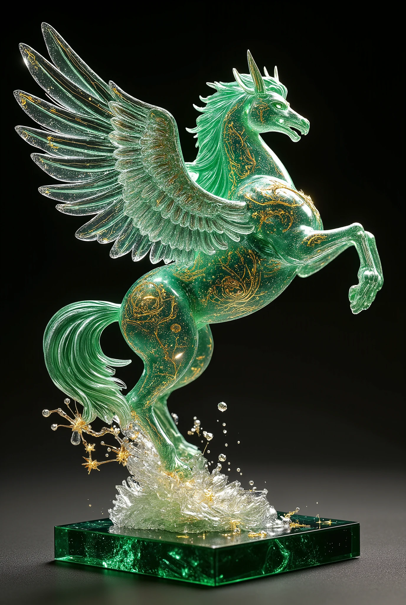 Translucent jade glazed cast Pegasus Saint Seiya Jumping Statue, the material presents a gradient of cold emerald green to lake green, the flowing golden stardust veins can be seen inside, the face retains the original bloody expression, and the hair is in a flying state with glazed brushing technology.
The surface of the glass is etched with Greek echo patterns and constellation totems, the joints are inlaid with 24K gold foil stars, the right fist swings out of the Pegasus meteor fist track, the residual image of the frozen photon shock wave inside the glass, and the top spotlight penetrates the glass to project a holographic projection of the Pegasus constellation on the base,
At a specific angle, you can see the microscopic galactic vortex composed of nano-sized bubbles inside the glass, suspended on the base of the cosmic nebula, and the background is the Hubble Telescope photograph-level Pillar Nebula.
Miniature meteorite bands surround the statue to form a defensive barrier, and the constellation energy connects the joints of the holy clothes in the form of an electric arc 5600K Museum-grade spotlight (color rendering index CRI99), low-temperature plasma glow (wavelength 517nm) highlights the luminosity of the glaze, Anatomy of Ancient Greek Sculpture × Venetian Glass Craftsmanship × Saint Seiya Ω Animation Effects × James Turrell Light Installation, (Non-Plastic, Non-Q Version, Non-Modern Decoration, Non-Cartoon Rendering, Non-Solid Flame, Non-Realistic Face: 1.6)