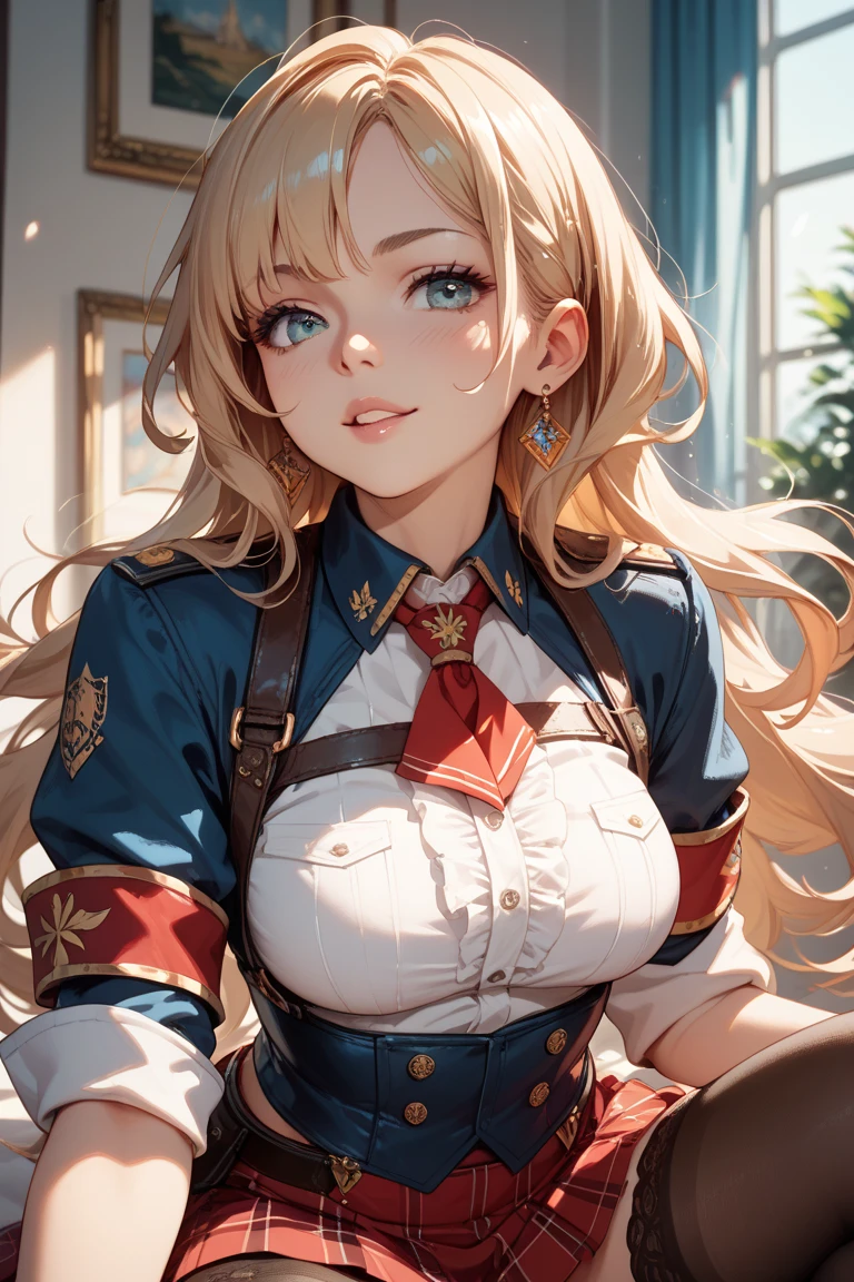 (Masterpiece: 1. 2), (Top quality: 1. 2), Perfect eyes, Perfect face, Perfect lighting, Mountainous horizon, Superb girl like beauty, Blonde hair, Top half, Cleavage, Red eyes, Braids, Side ponytail, Bangs, Bobbed hair, Poofy hair, Cute eyes, Great bust, (From bottom), Raw description, Orgasm, Despair and Fear, Erotic Bitch Virgin, Raped, Angry, Sideways, Bewitching, Cute design branded blazer uniform, Cute ornaments, Sitting, Arms crossed, (from above: 1.2)