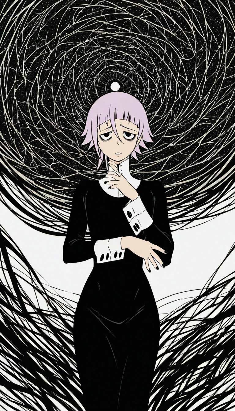anime girl in white dress with purple hair and cadenas, Gapmoe Yandere grimdark, chica monstruo anime, ((cadenas)), Gapmoe Yandere, neferpitou, yandere intrincado, vestido con volantes ((harapiento)), yandere. alto, Chained in a vacuum, chica anime demonio, Diosa malvada, dormant in cadenas, eyes closed
