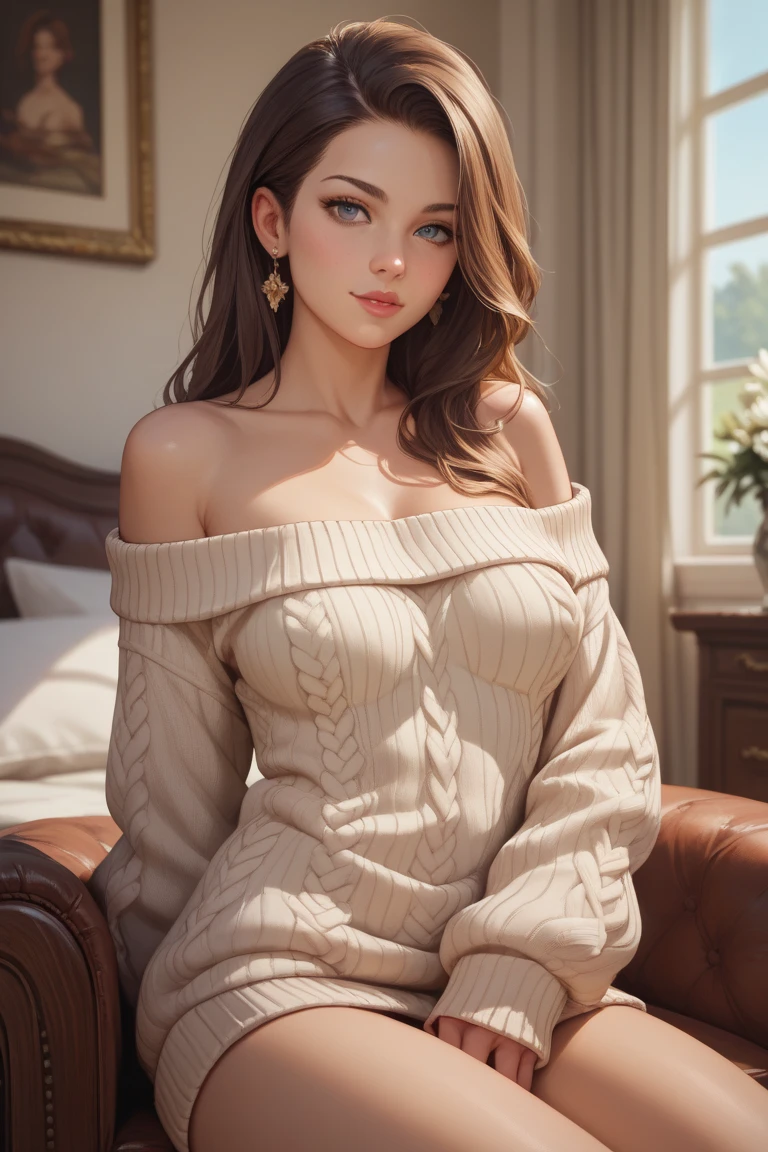 (hyperrealistic), (illustration), (high resolution), (8K), (extremely detailed), (best illustration), (beautiful detailed eyes), (best quality), (super detailed), (masterpiece), (wallpaper), (detailed face), solo, (dynamic pose), 18-year-old Amanda Seyfried, perfect face, incredibly beautiful, short wavy brown hair, heterochromic eyes, ((torn ceda sweater)), clearly visible large breasts, crouched cowgirl pose, open groin, pubic shape clearly visible, tightens abdomen, (camel fingers), (no panties), (no bra) nsfw