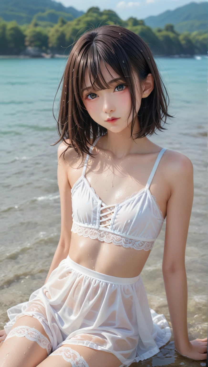 (best quality:1.2), masterpiece, Realistic, Ultra-high resolution, ((a beautiful Japanese idol woman:1.2)), (Gaunt:1.3), (((Very flat chest:1.4))), ((Baby Face)), (upper body), ((Raise your arms to show your armpits:1.4)), ((Armpits are wet and shiny with sweat)), (((sweaty armpits))), Armpit depression, ((((Deeply wrinkled armpits)))), She has skin that sweats easily Soaking wet, (topless), (I can see my pores), in Japanese hot springs, Outdoor hot spring, Stone hot spring, Moss and trees Surrounded by, Wearing split (Lace Headband:1.2), (realism:1.5)