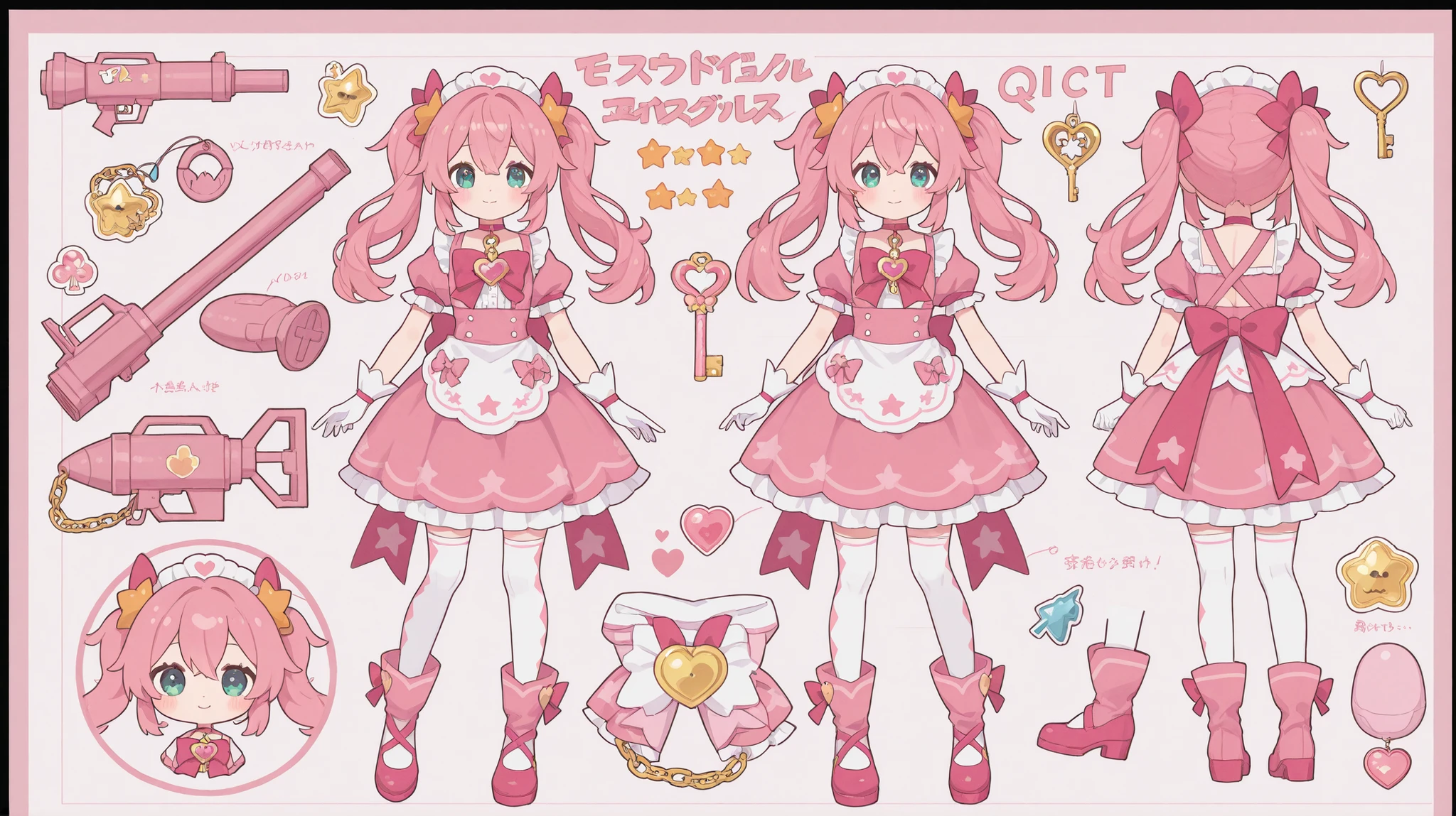 one girl。Composition where the entire weapon is visible。weapon design diagram。Weapon design proposals。A magical girl weapon with a rocket launcher motif。with a long, heavy cylindrical、The back is slightly thick。The front muzzle is slightly thick and heart-shaped。the whole is pastel pink with a black border。with a cute sticker on it。and an orange star shaped key chain and a pink heart shaped key chain on the back。A cute design。
