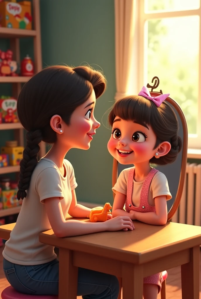 A pixar style girl talking to her mom