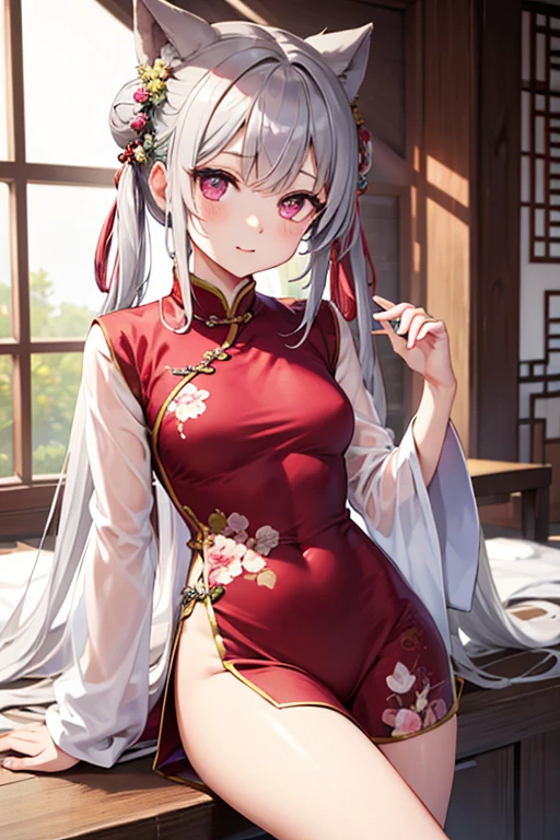 (masterpiece, Highest quality:1.3), One girl, alone, View your viewers, Blushing, Underarm , Large Breasts, Thick thighs ,Cowboy Shot,China dress,Sitting on the bed,Crossing your legs,(Bedroom)