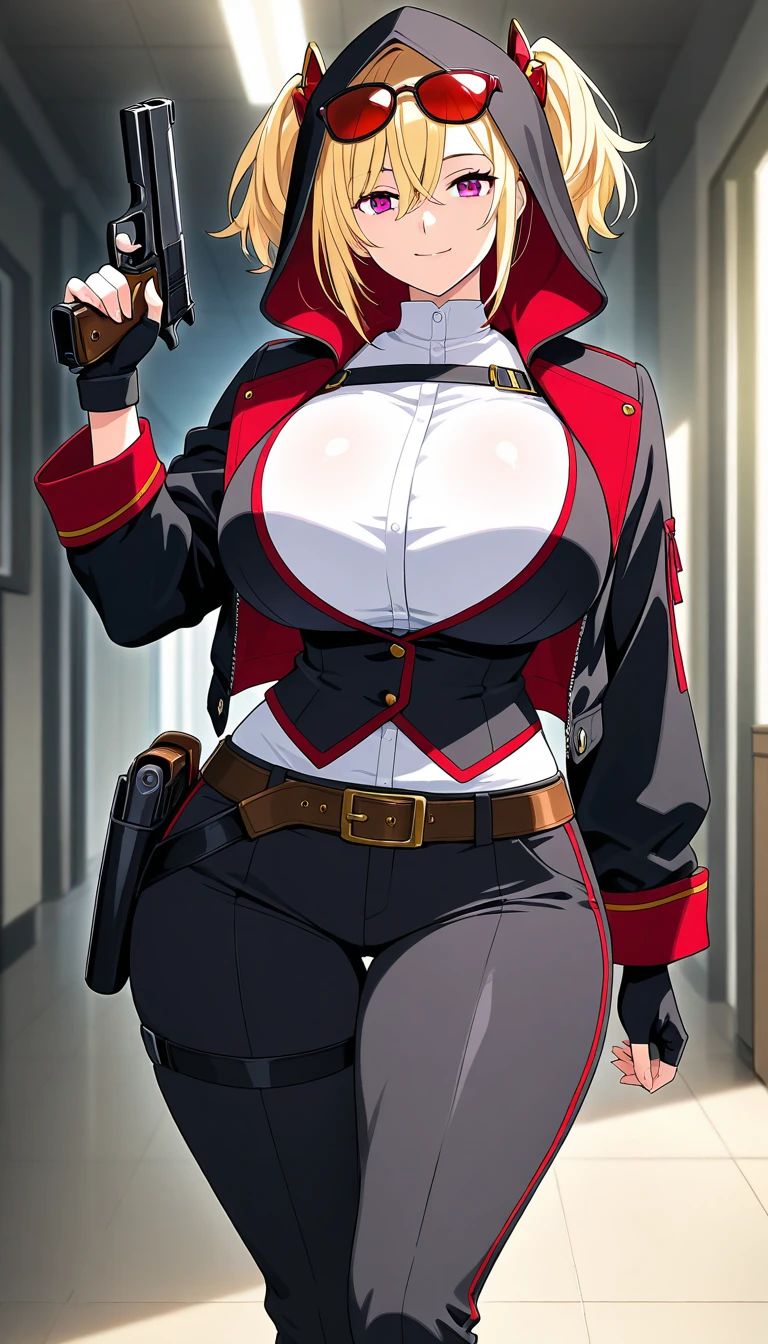 Seras,hellsing,detailed face,long blonde hair,breasts,large breasts,breast focus,beautiful detailed eyes,full lips,porcelain skin,vampire fangs,fierce expression,perky nose,waist-length hair,straight hair strands,vigorous body,well-toned muscles,fit physique,tall and slender body,battle-ready stance,red uniform,red jacket,black gloves,silver tiara,ornate cross necklace,dark atmosphere,gloomy background,ominous lighting,nighttime scene,dark shadows,high contrast,dramatic angles,vibrant colors,dynamic composition,mysterious aura,vampire powers,intense action scene,inspired by Gothic art,horror aesthetic,stylized interpretation,Bernadotte mansion,intricate details,realistic textures,bokeh effects,photorealistic rendering,ultra-detailed lines,high-res masterpiece,professional artwork,studio lighting,HDR enhancement, exposed thighs, thicc figure, sexy, naked thighs