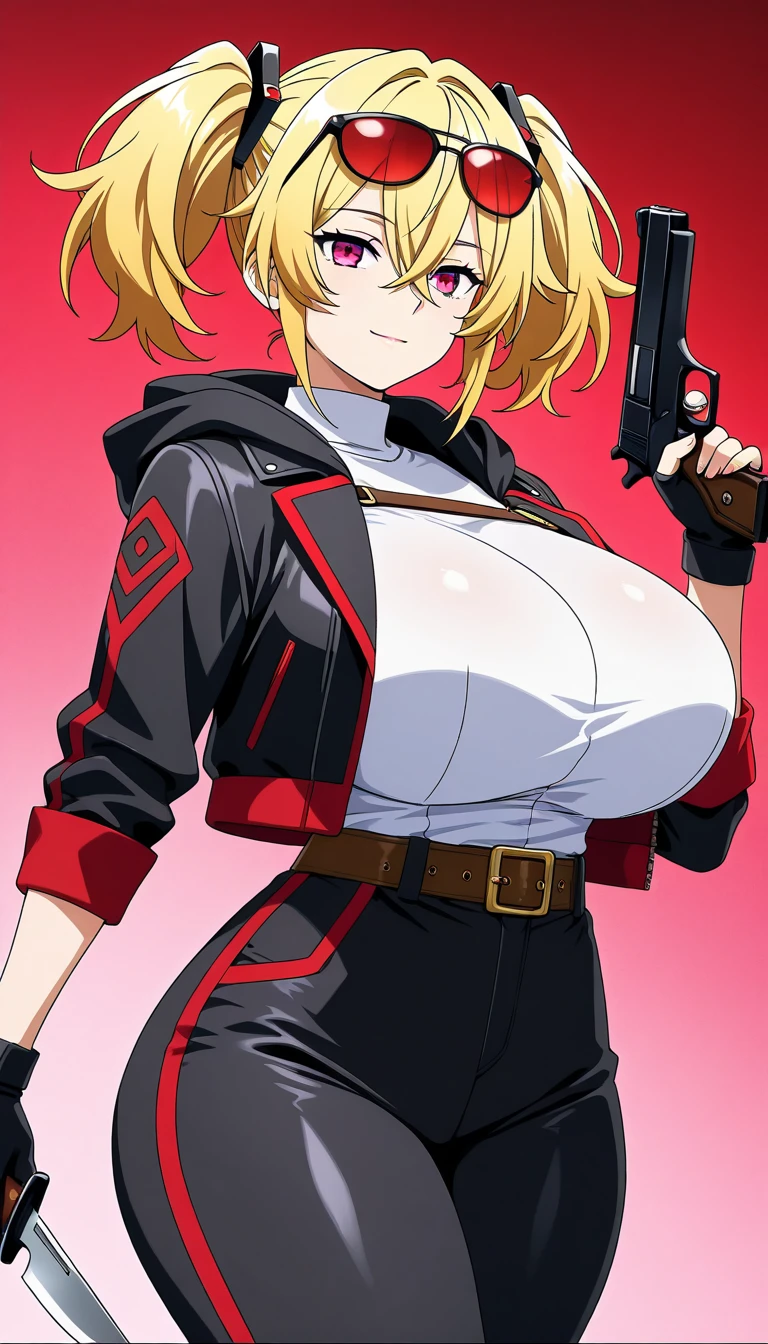 (((pixel perfect, detail perfect))), alone, 1 girl, Chisato Nishikigi,red eyes, looking at the viewer, smile, Upper body、 Police, cleavage,white belt, Midriffs, white shirt BREAK (red front-tie top),High-waist red shorts BREAK black fingerless gloves, black boots,black police peaked cap,