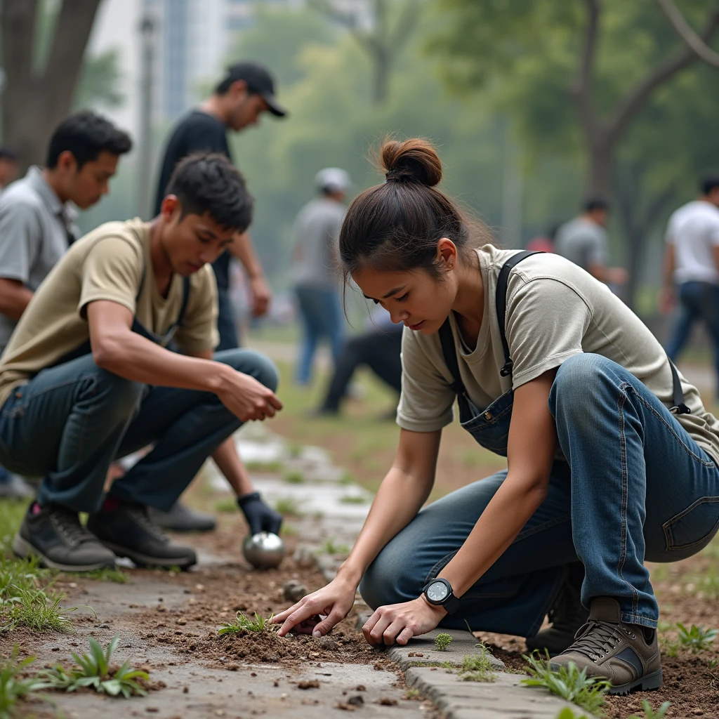 Two police women are planting a plant in a beautiful environment
