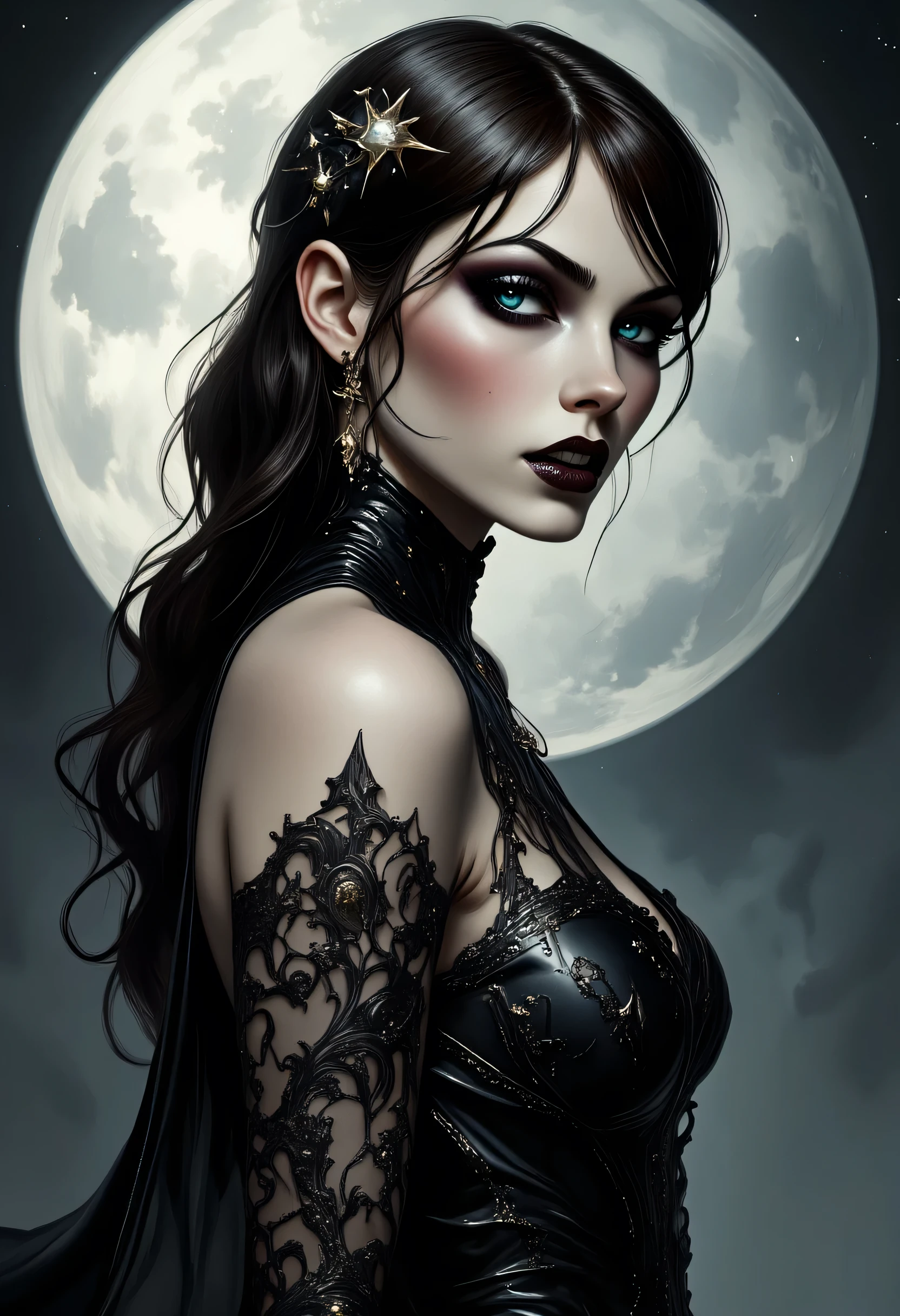 a full body picture of an epic beautiful female vampire, ghostly beauty, wearing transluminescent dress, black silk dress, intricate dress, transluminescent dress, transparent dress, red sleeves, epic beautiful female vampire, pale skin perfect body, ghostly beauty, serene beauty, red hair, lush hair, long hair, blue glowing eyes, vampire fangs, stars entwined in the woman's hair, light caress the woman, moon light caress the dress, fantasy art, night time, the moon rises, creating award winning, photorealism, depth of field, hyper realistic, zavy-ctcmcs, Celestial Fantasy, dnddarkestfantasy, Art Deco, Dracula