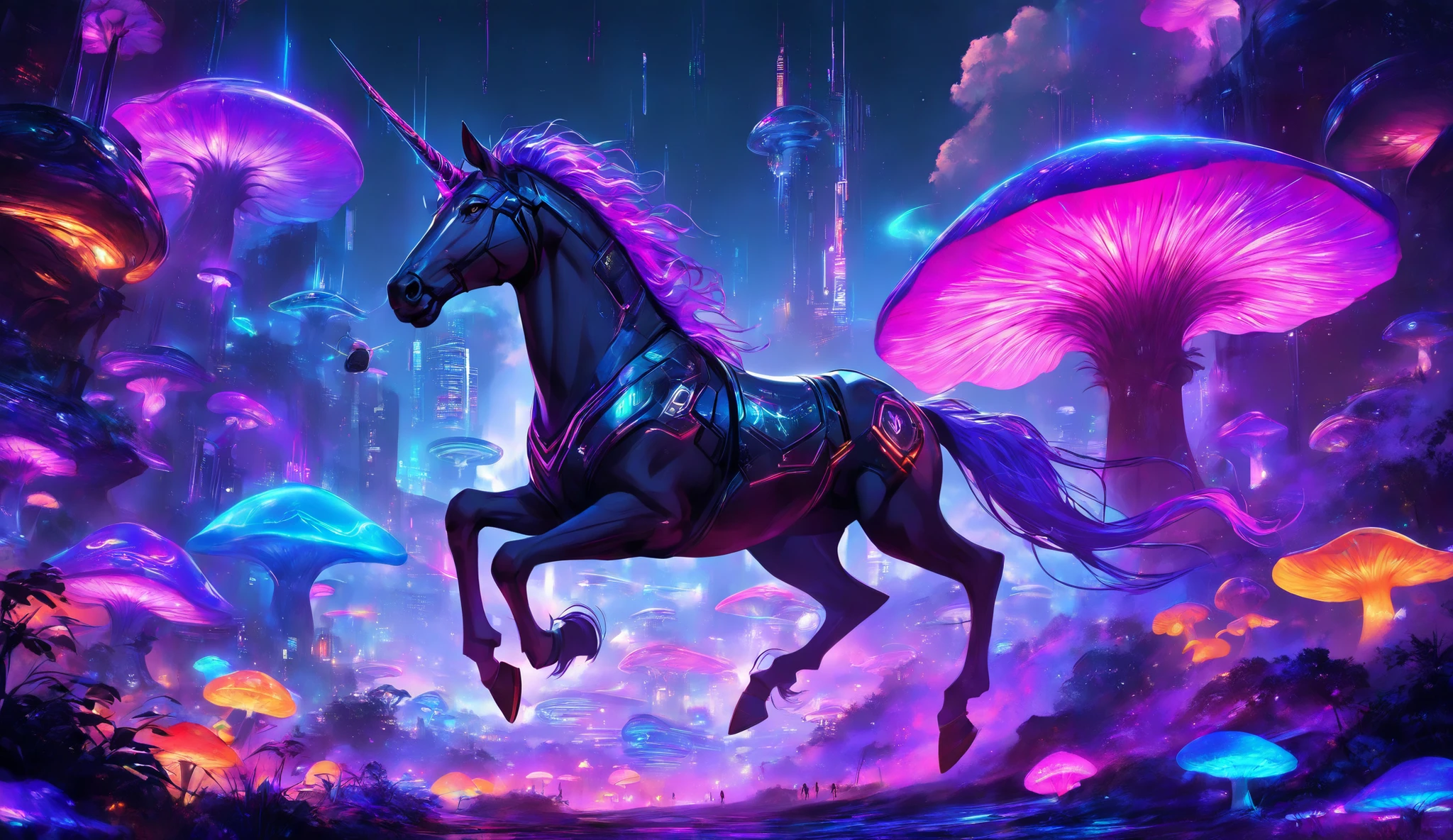 scifi, digital paint, neon colors, A herd of robotic unicorns galloping through a neon-lit landscape, the place have plants irisdecent and giant irisdecent mushrooms, the unicorns left behind a cloud of colored dust. Giger style.