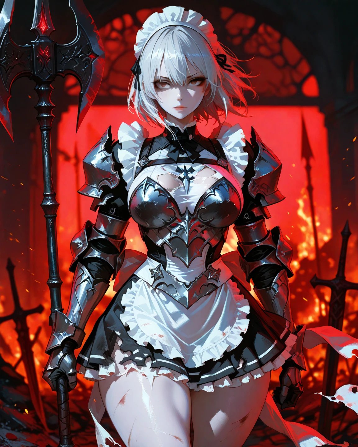 High quality, masterpiece, 8k, 1 girl, Jeanne from anime, white hair, yellow eyes, short hair, perfect body, badass woman, beautiful face, blood everywhere, blood on the floor, blood, blood on her body, wet body, ((standing in the war)), in the broken palace, dark color