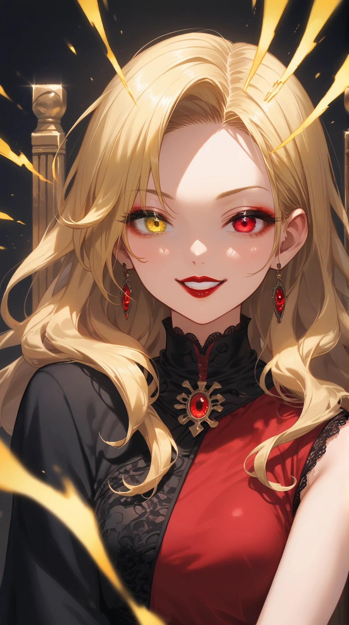 blonde hair, long and fluffy eyelashes,(wavy long hair),(red eyes:1.2),  <lora:roxanna1:0.7>, masterpiece, best quality, realistic,  handsome, (upper body:1.3), realistic, detailed, balanced,  red butterflies, katana, flames, burning houses, glowing, sidelighting, wallpaper,