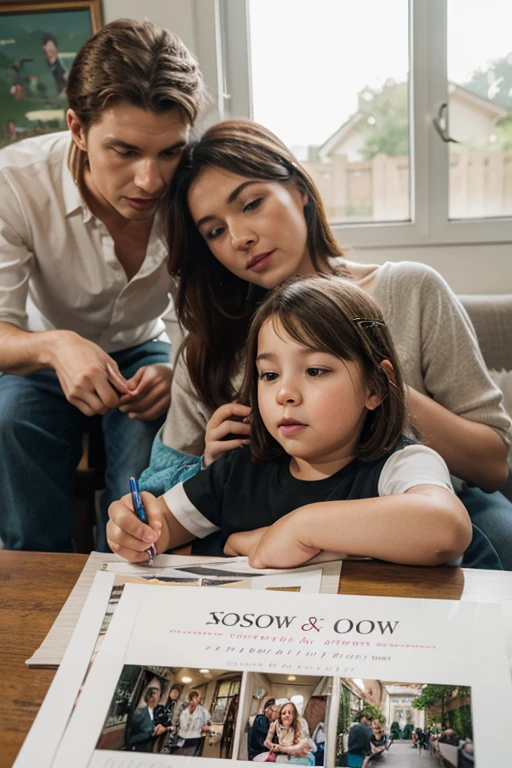 open floral cardigan, plain white scoop-neck shirt, (big giant enormous oversized massive huge colossal breasts:1.5), (gigantic sagging breasts:1.5), cleavage, sitting at table, writing a letter, sister and brother, long thin wavy hair