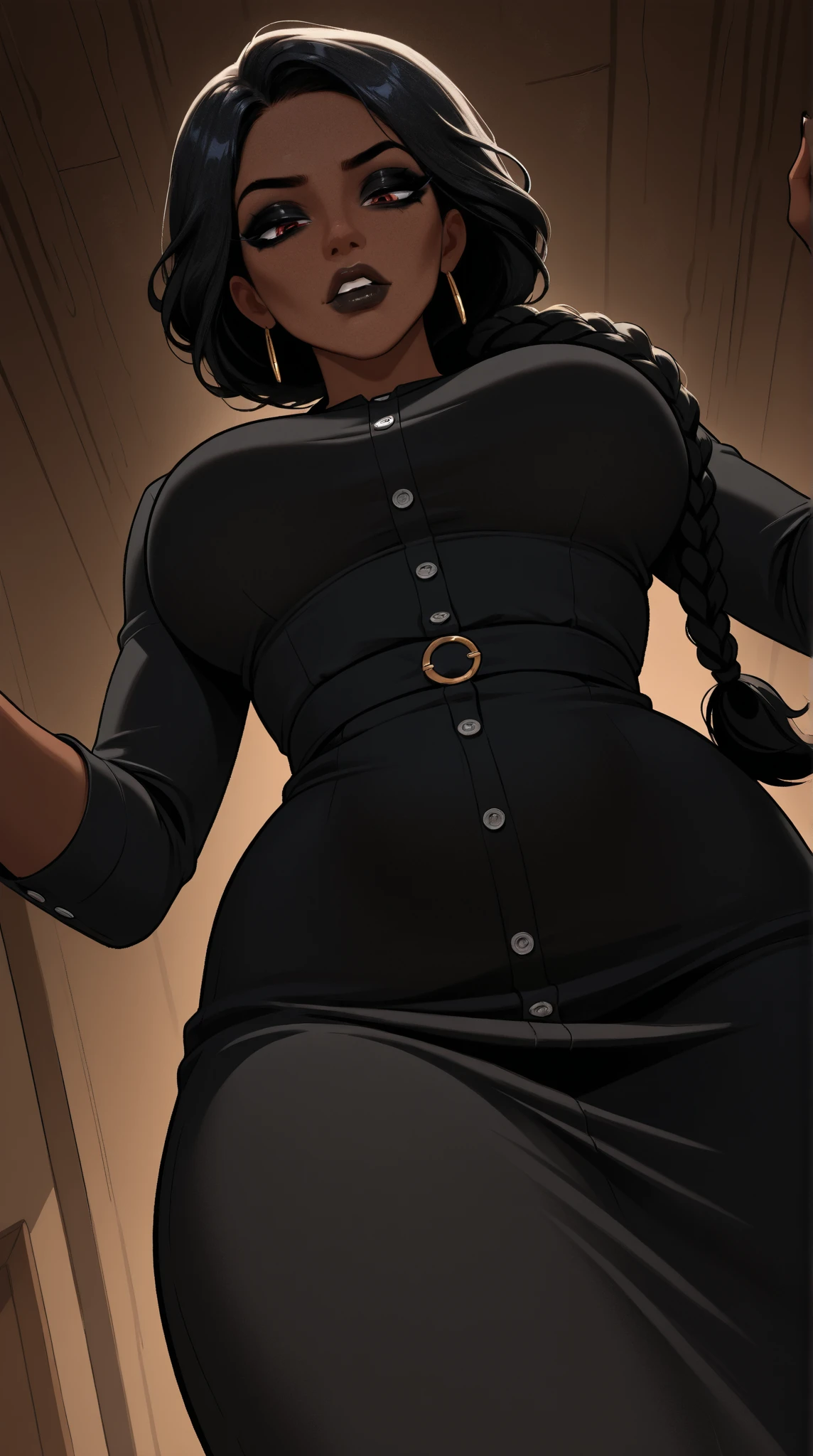 digital art, highly detailed, reference sheet, standing pose, legs uncrossed, one hand pulling at cheek, feminine features, dark skin, overweight, curvy, corpulent, portly, mature woman, adult female, whole body, bald, form-fitting, abaya dress, scarf, long sleeves, long skirt, shoes, 1woman, solo, upper body, lower body, ((Extremely Detailed)), ((Best Quality)), ((Masterpiece)), ((4k)).