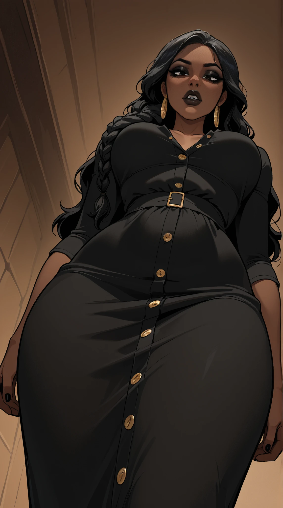 (masterpiece, best quality, high quality, uhd, 4k, 8k:1.2), <lora:JabComixStyle_r1.1:0.8> j4bc0m1x_jab style, beautiful face, 1girl, young female, dark skin, dark-skinned female, solo, dark hair, long hair, curly hair, dress, long dress, green dress, curvy, chubby, thick, thick thighs, standing, (small breasts), breasts, wide hips, indoors, from below