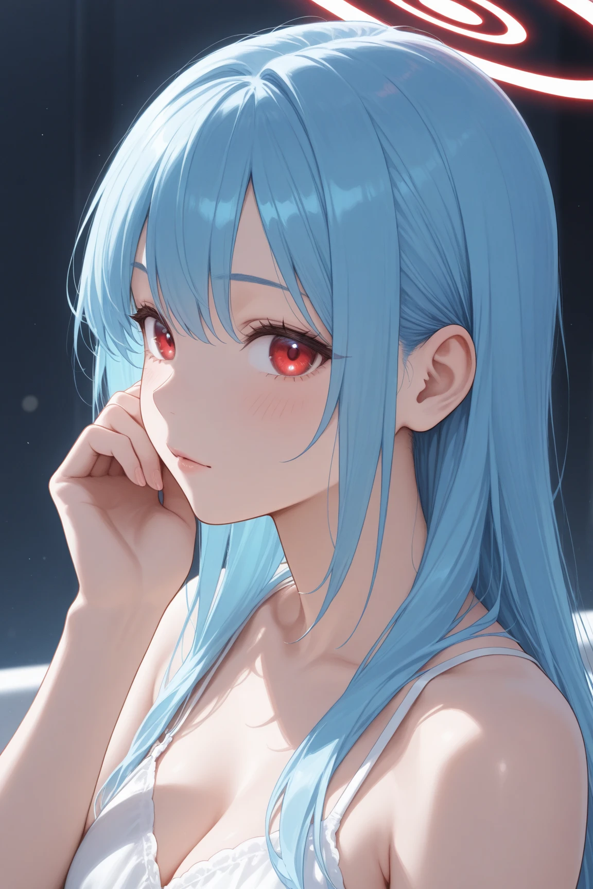 masterpiece , morning , close , beauty , Blue Hair , Parted bangs, Blue Hair/Light blue hair, Red eyes, Long Hair, 