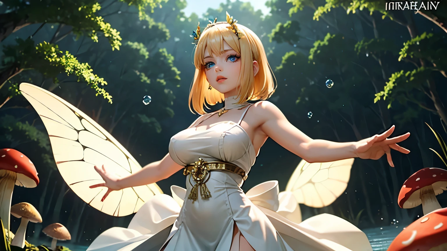 A young and beautyfull fairy with light skin and long blonde hair sits on a large red mushroom. She wears a flowing, off-white gown with a gold bodice and has large, iridescent butterfly wings. She wears a flower crown and is reaching out to a blue and purple butterfly. Water droplets are falling from the mushroom. The background is a lush forest with other mushrooms and plants. The overall lighting is soft and ethereal.