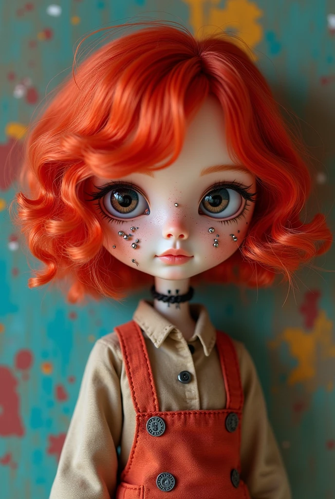 Blythe doll boy dark copper hair, brown eyes, pentagram necklace, black shirt