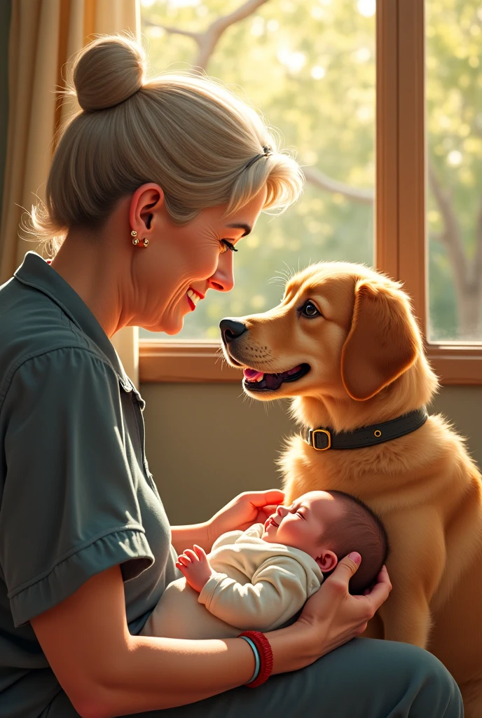 Kizi, age 25, blonde, breastfeeding your baby, while being watched by the puppy. Lavender glasses, soft lighting, flowing voile curtain.Filtro Foggy. style of photographer David Hamilton.