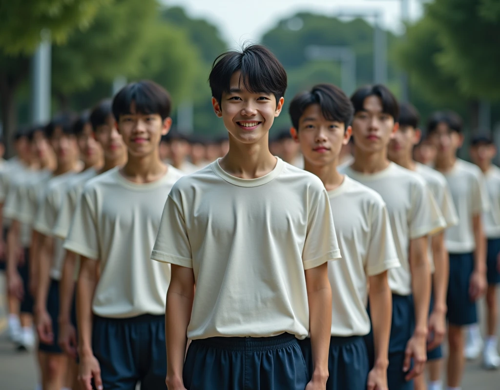 Smiling 2 male,3 year old in student uniform and 15 years old Korean teenage boy, shirtless,wearing a Spiderman underwear ,sharp eyes high nose comma hair, skinny fat body walking in school canteen hallways,backpack , younger brother holding hands walking together with his big brother , multiple people in background , blue sneakers