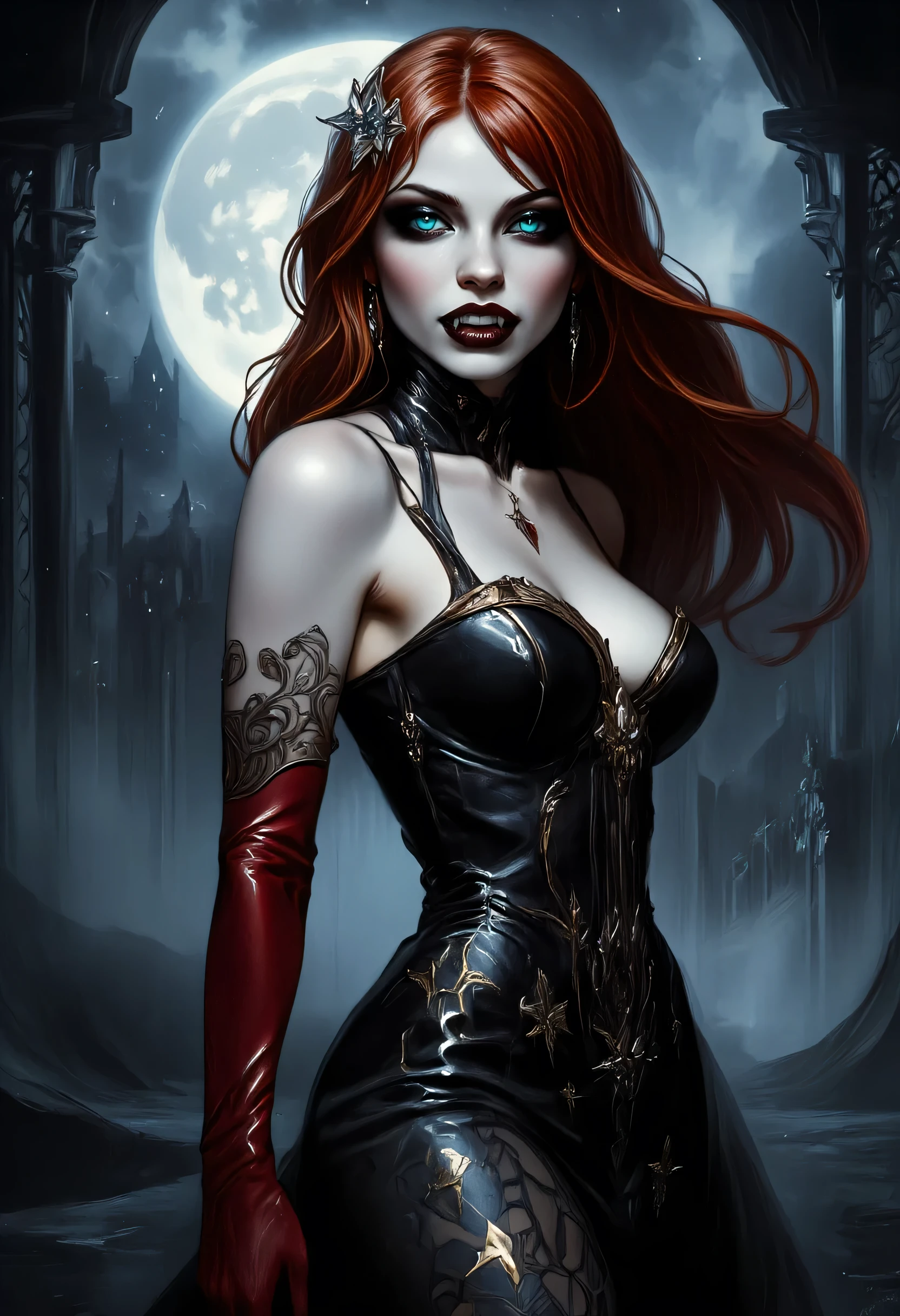 a full body picture of an epic beautiful female vampire, ghostly beauty, wearing transluminescent dress, black silk dress, intricate dress, transluminescent dress, transparent dress, red sleeves, epic beautiful female vampire, pale skin perfect body, ghostly beauty, serene beauty, red hair, lush hair, long hair, blue glowing eyes, vampire fangs, stars entwined in the woman's hair, light caress the woman, moon light caress the dress, fantasy art, night time, the moon rises, creating award winning, photorealism, depth of field, hyper realistic, zavy-ctcmcs, Celestial Fantasy, dnddarkestfantasy, Art Deco, Dracula