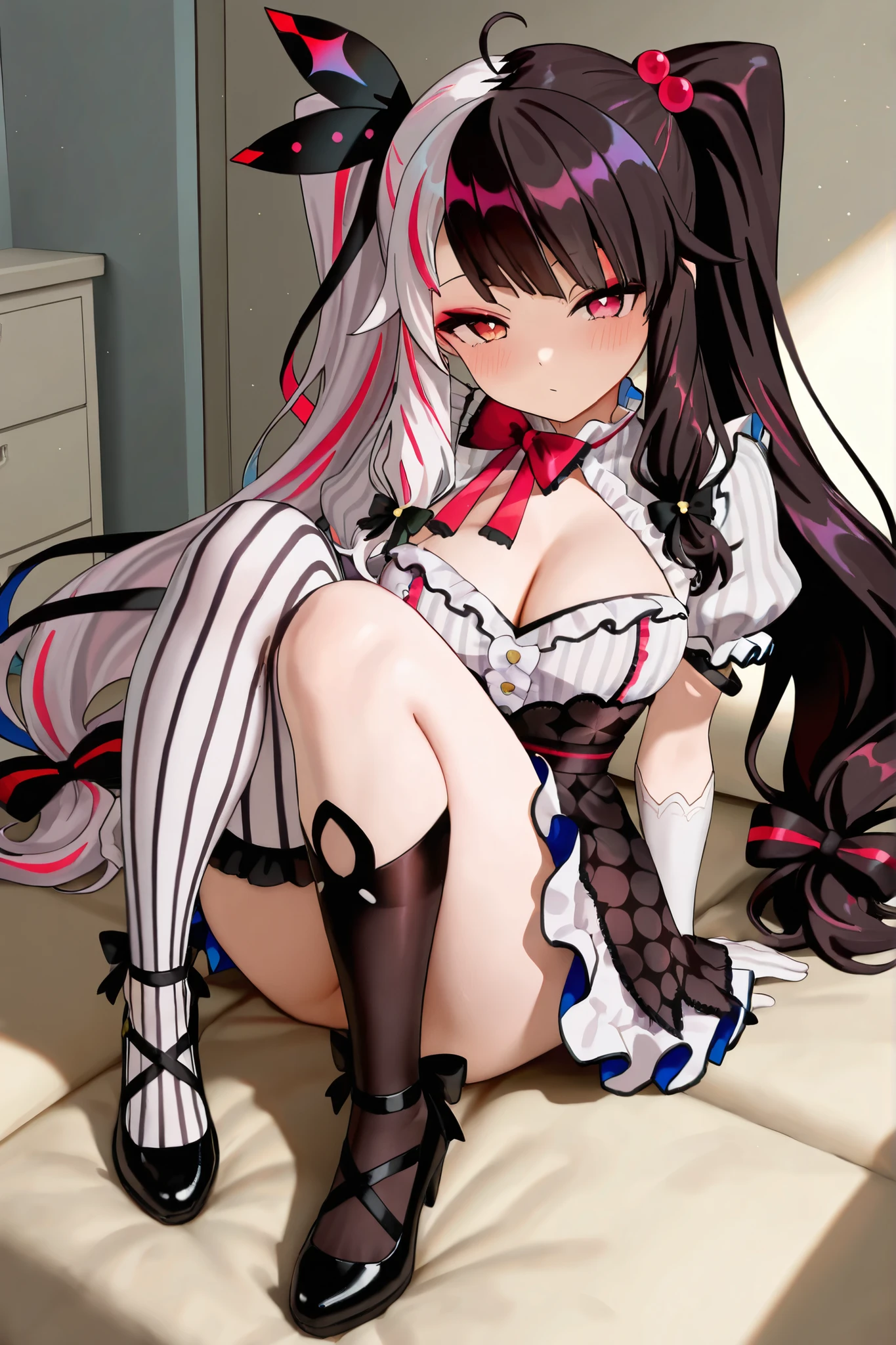 (footjob), Masterpiece、Highest quality、Highest quality, (long and thin legs, shoes:1.2), Arm behind wrist, squat、Spread your legs、1 girl, (smile、Open your mouth大笑い:1.2), Cute eyes, (Detailed face:1.3)、Open your mouth, The whole face turns red, alone, Oversized breasts, Big and ample breasts, (Straight bangs, Twin tails), White maid outfit、Side bust、Underbust、belly button、Walking through the mansion&#39;corridor、nsfw、shoes下