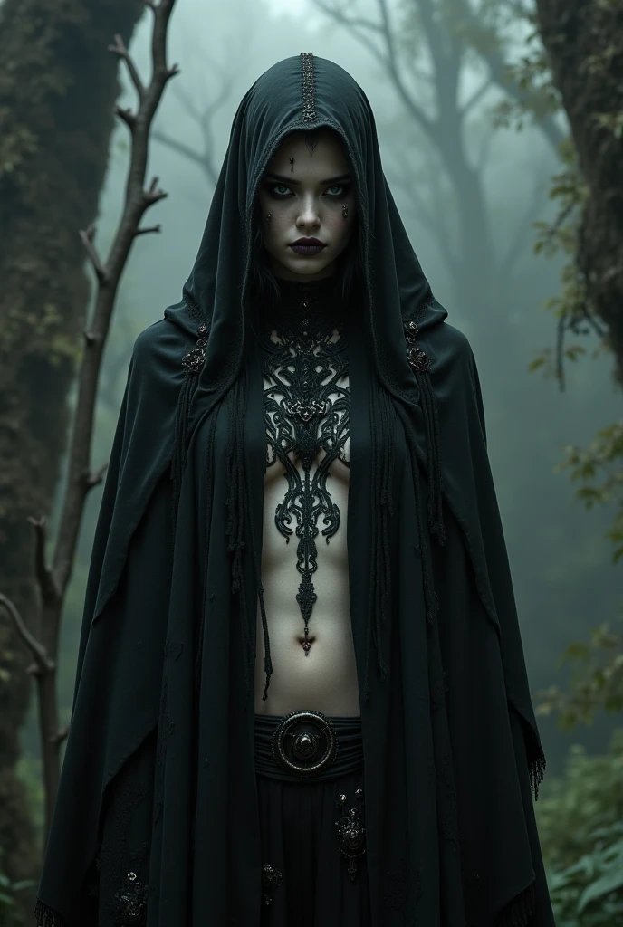 (medium full shot) of (ominous necromancer) young woman, japanese, pale skin, light brown eyes, voluptuous build, short hazel ponytail hair, wearing a black hooded cloak with mystical runes, dark gray velvet robe with arcane runes, slippers with enchanted designs, pale face paint, intricate tattoos, bone earrings, set in dark forest, dense trees, mist swirling, sounds of distant creatures, an air of magic, during a storm, woman smiling, ,Masterpiece,best quality, raw photo, realistic, very aesthetic