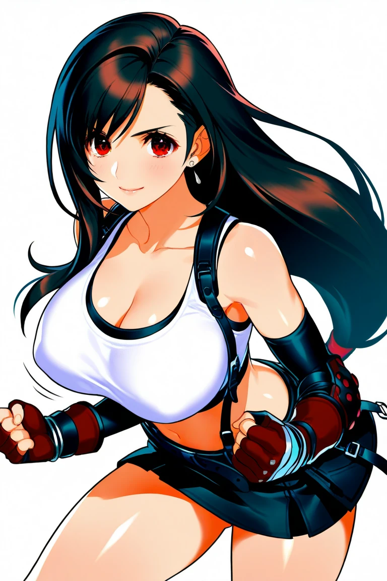 beautiful, (masterpiece:1.2), (best quality:1.2), (perfect eyes:1.1), (perfect face:1.1), (god smiling, perfect lighting, 1girl, mature adult woman, beautiful face, black hair, black skirt, breasts, crop top, earrings, elbow gloves, elbow pads, arms behind back, jewelry, large breasts, lips, long hair, low-tied long hair, midriff, nail polish, navel, on back, parted lips, red eyes, skirt, solo, suspenders, (tank top), taut clothes, taut shirt, tifa lockhart