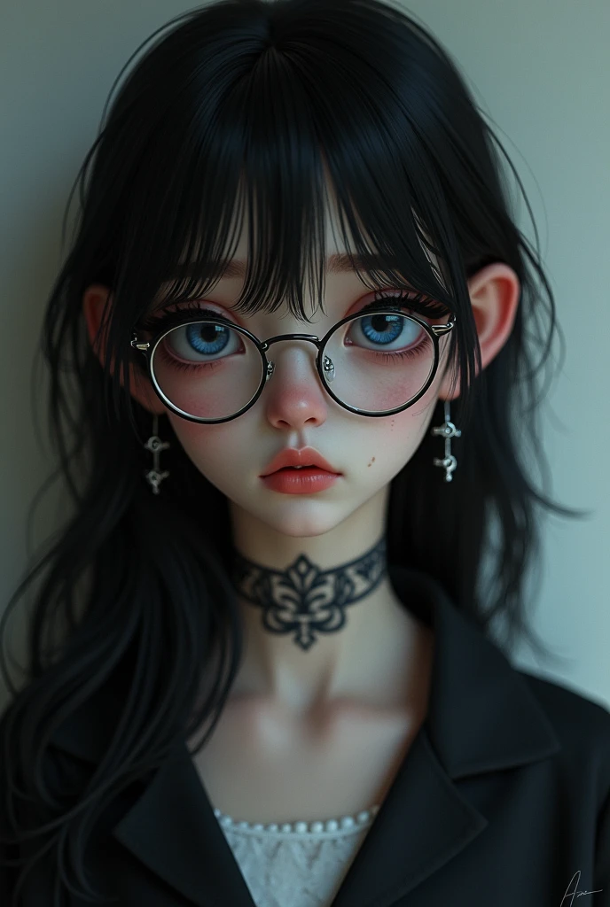 Scientist woman, Glasses covering the eyes, Bloody, strict, Black background, Impressive lighting, Blood, Horror, Broken glasses, Dull grey-purple hair, bust, white, Opaque glasses, Background figure
