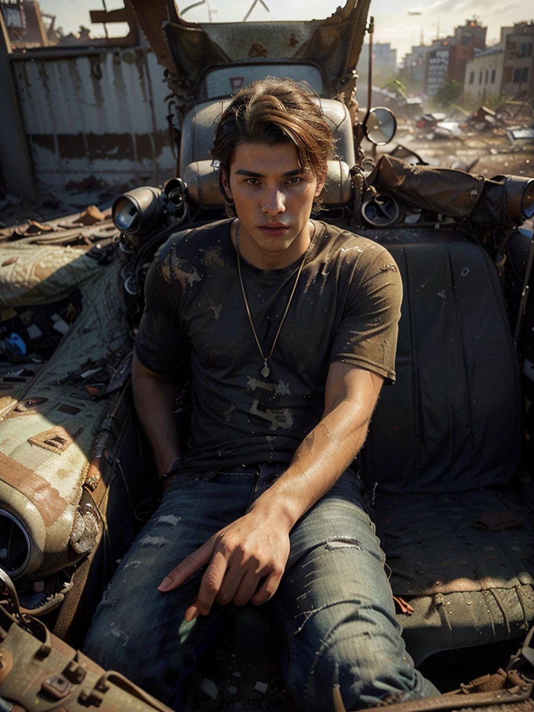 Teen male, skinny body, trenches, mud, atmospheric, cute masculine square face, short hair, dead inside, tight cargo pants, topless, bokeh, background blur, rain, fog, sunset, chromatic aberration, wasteland, post apocalyptic, sitting
